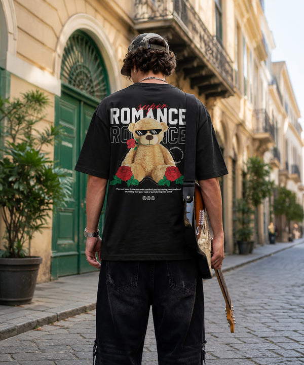 Super Romance Teddy Bear Oversized T-Shirt for Men | Back Print Streetwear Graphic Tee