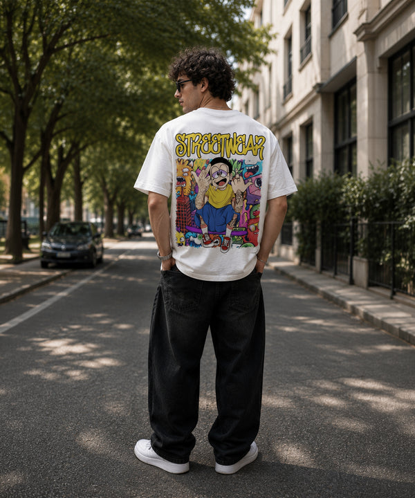 Streetwear Anime Oversized T-Shirt for Men | Cartoon Graphic Back Print Tee
