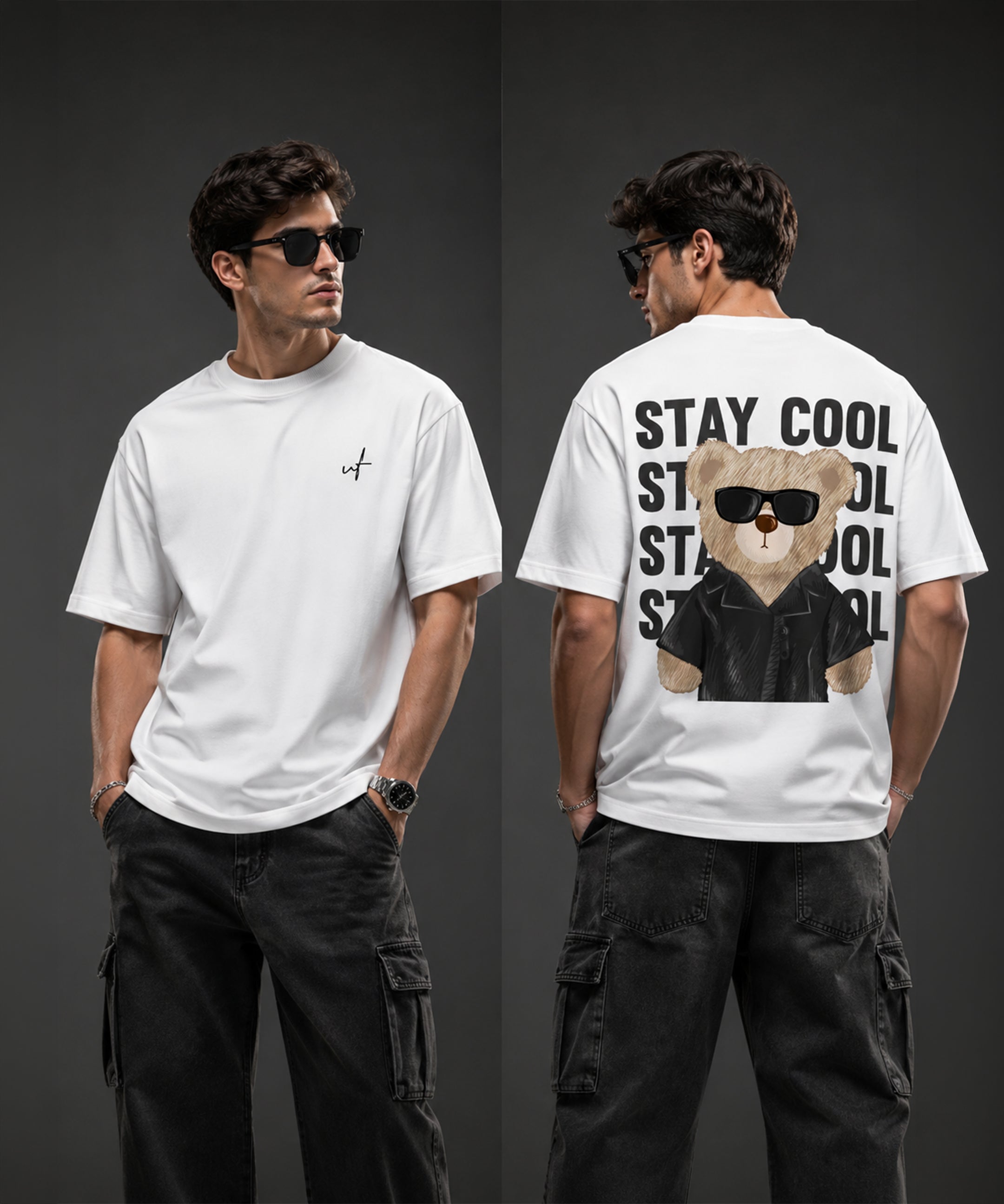 Stay Cool Teddy Bear Oversized T-Shirt for Men | Aesthetic Streetwear Tee | Black & White