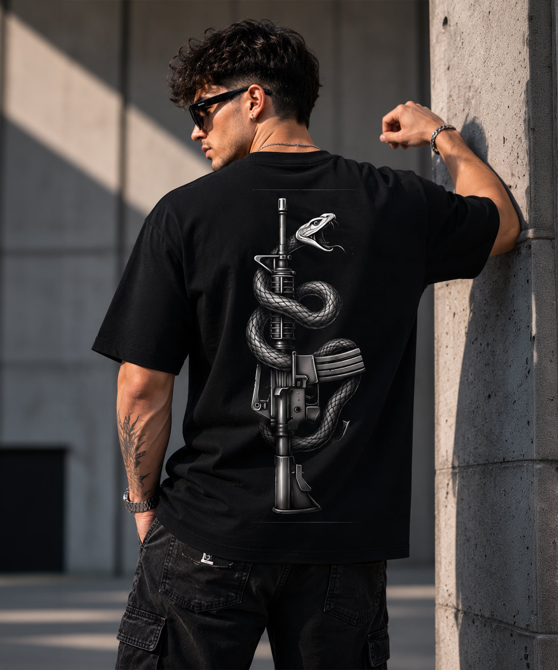 Snake & Rifle Graphic Regular Fit T-Shirt for Men | Black & White Back Print Cotton Tee