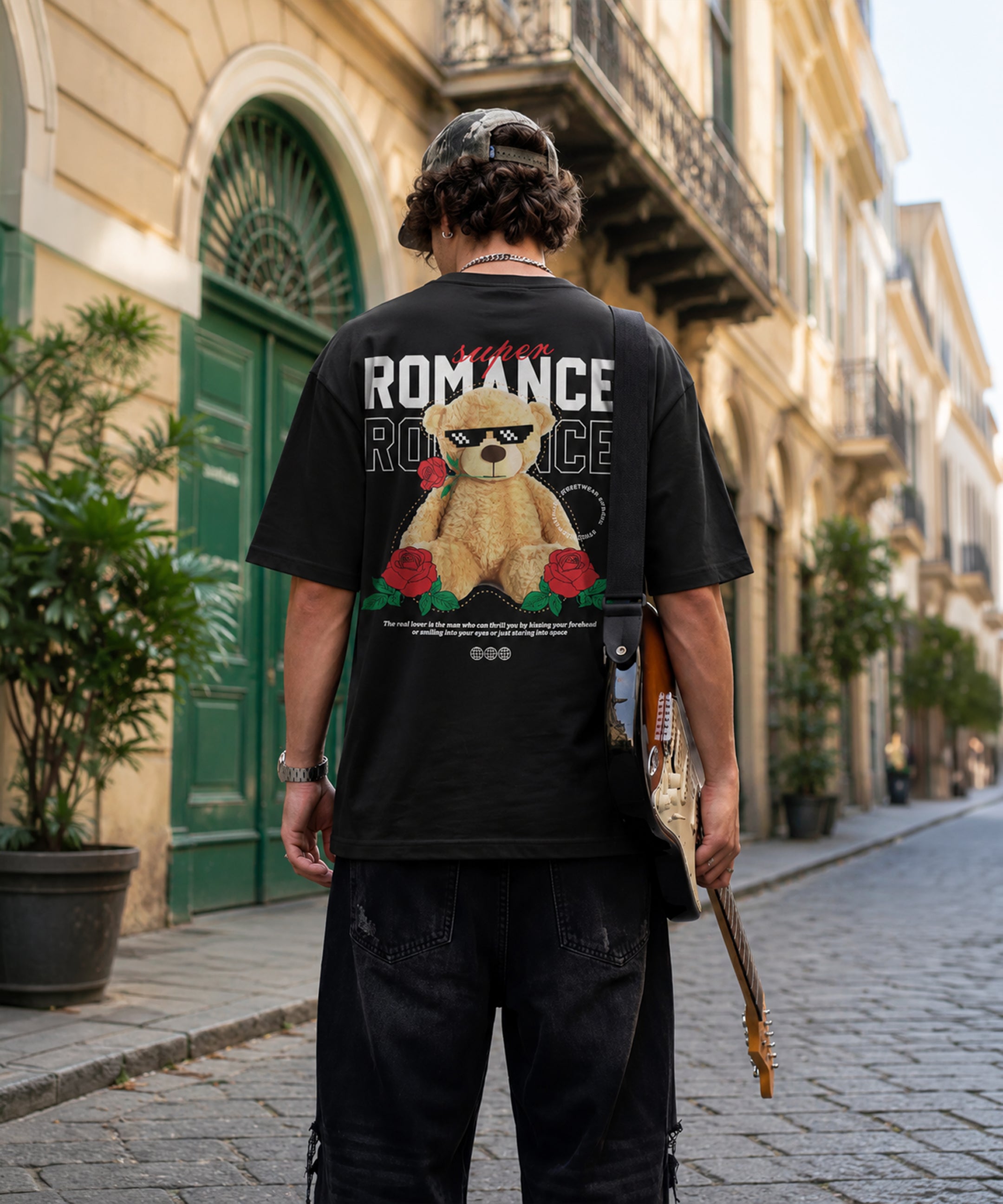 Super Romance Teddy Bear Oversized T-Shirt for Men | Back Print Streetwear Graphic Tee