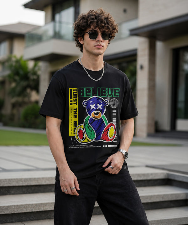 Believe Teddy Bear Graphic Black T-Shirt for Men | Oversized Streetwear Tee
