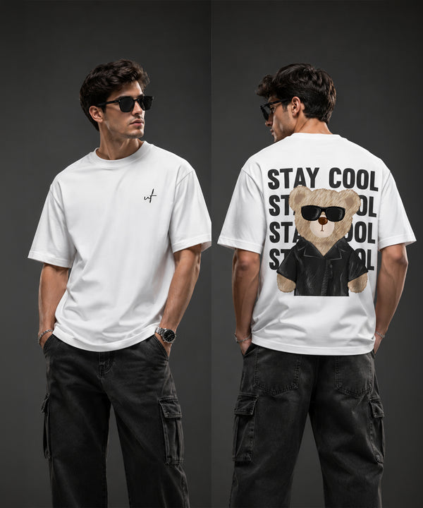 Stay Cool Teddy Bear Oversized T-Shirt for Men | Aesthetic Streetwear Tee | Black & White