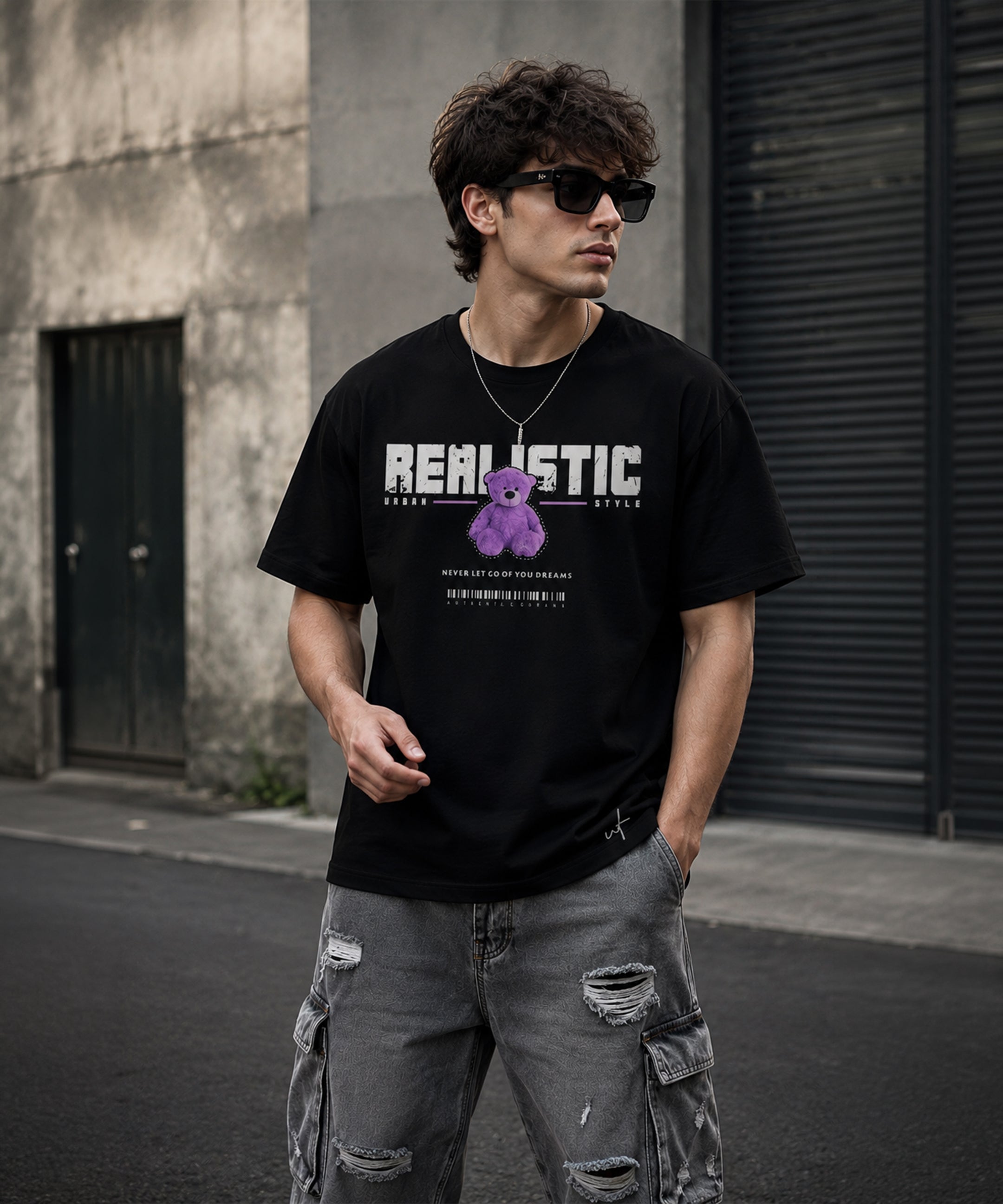 Realistic Teddy Bear Graphic Black T-Shirt for Men | Urban Streetwear Oversized Tee