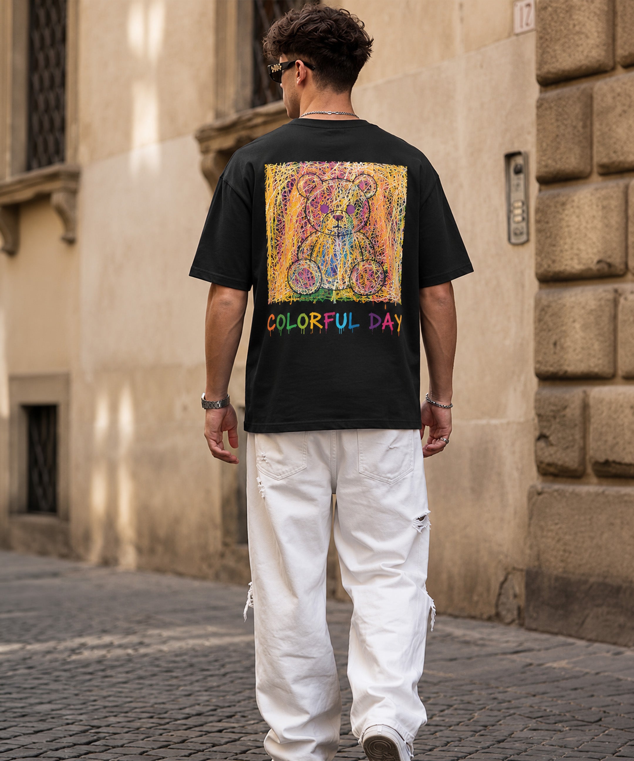 Colorful Teddy Bear Oversized T-Shirt for Men | Aesthetic Streetwear Tee | Black & White