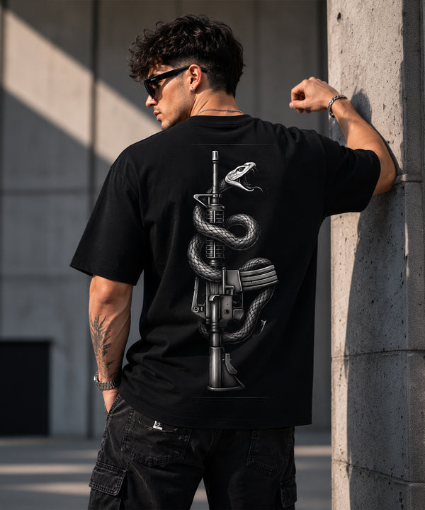 Snake & Rifle Graphic Regular Fit T-Shirt for Men | Black & White Back Print Cotton Tee