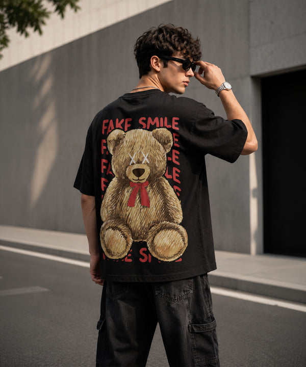 Fake Smile Teddy Bear Oversized T-Shirt for Men | Aesthetic Streetwear Tee | Black & White