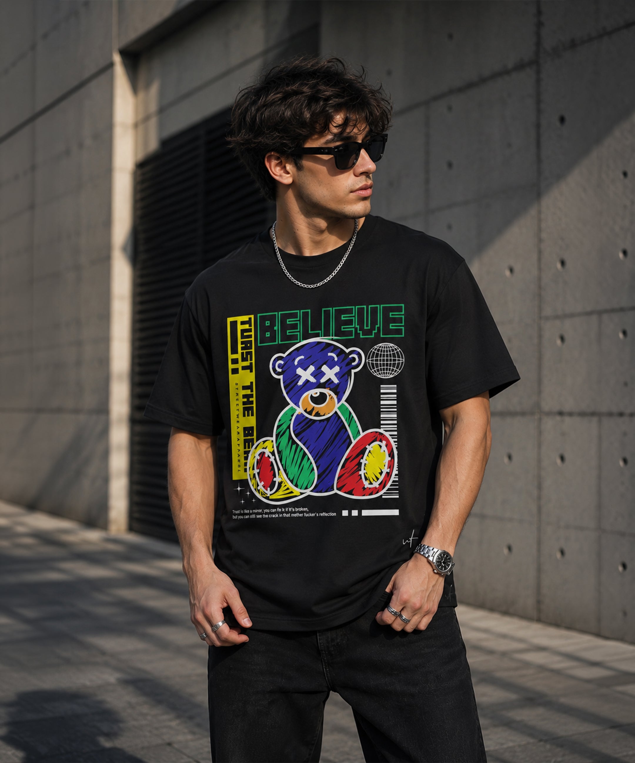 Believe Teddy Bear Graphic Black T-Shirt for Men | Oversized Streetwear Tee