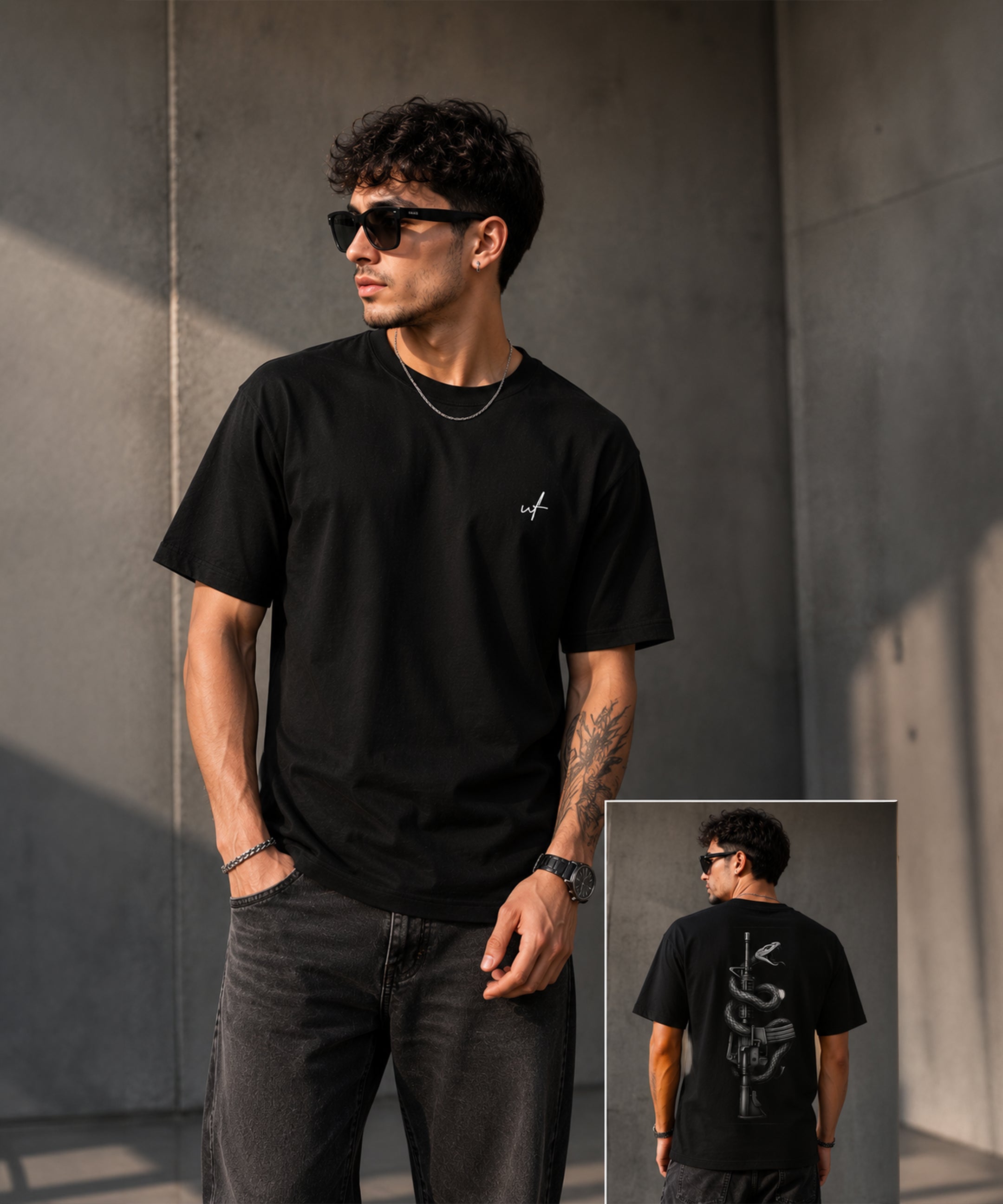 Snake & Rifle Graphic Regular Fit T-Shirt for Men | Black & White Back Print Cotton Tee