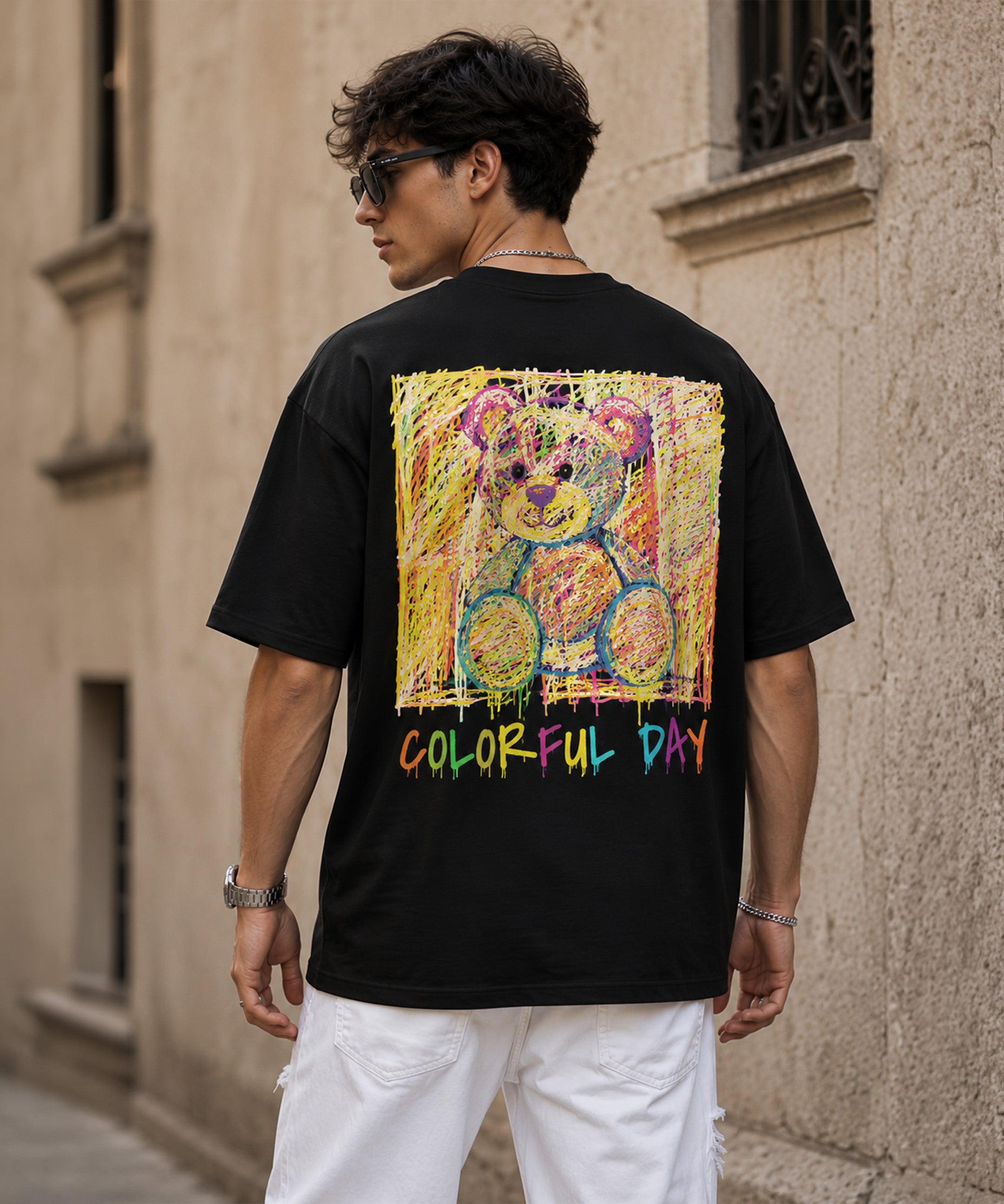 Colorful Teddy Bear Oversized T-Shirt for Men | Aesthetic Streetwear Tee | Black & White