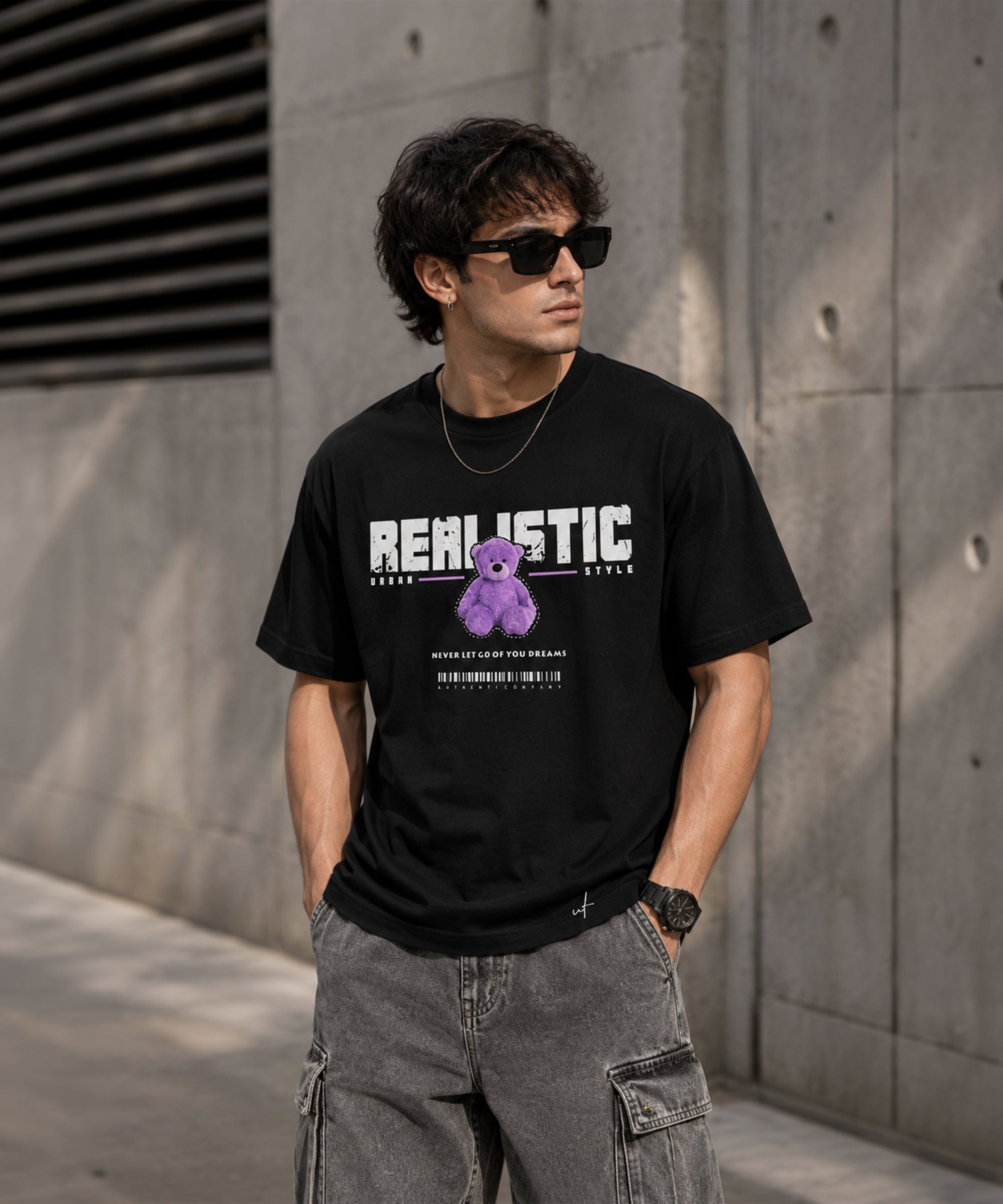 Realistic Teddy Bear Graphic Black T-Shirt for Men | Urban Streetwear Oversized Tee