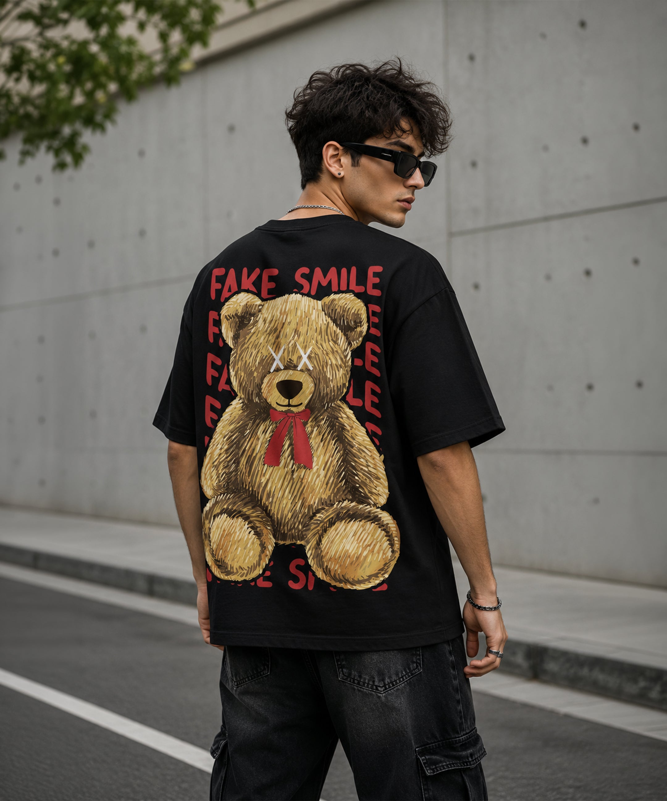 Fake Smile Teddy Bear Oversized T-Shirt for Men | Aesthetic Streetwear Tee | Black & White