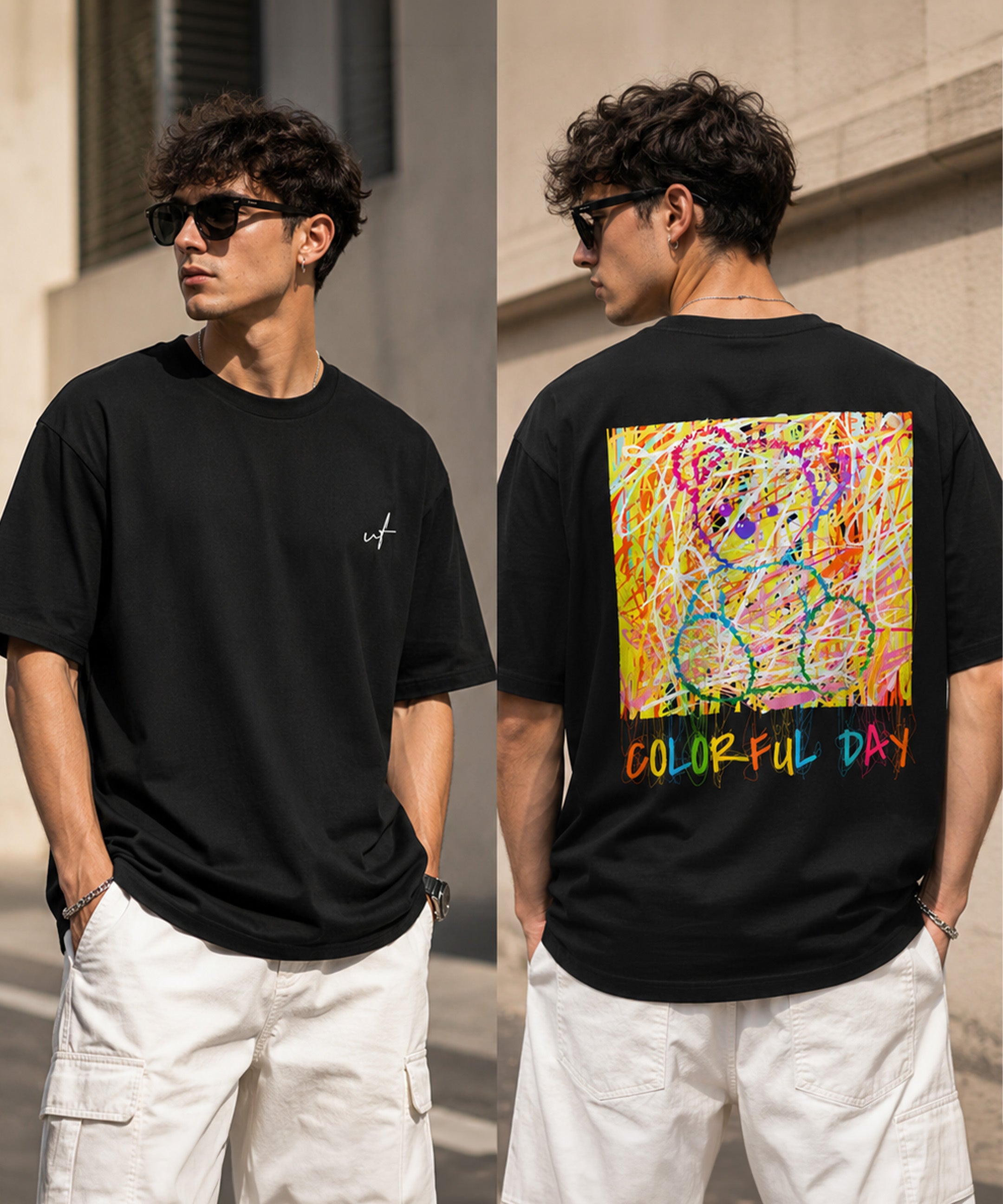 Colorful Teddy Bear Oversized T-Shirt for Men | Aesthetic Streetwear Tee | Black & White