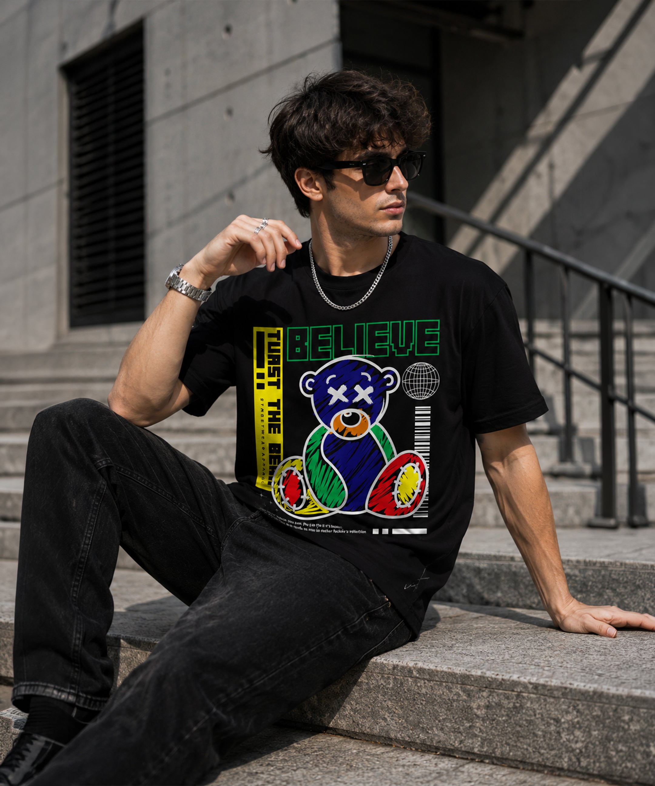 Believe Teddy Bear Graphic Black T-Shirt for Men | Oversized Streetwear Tee