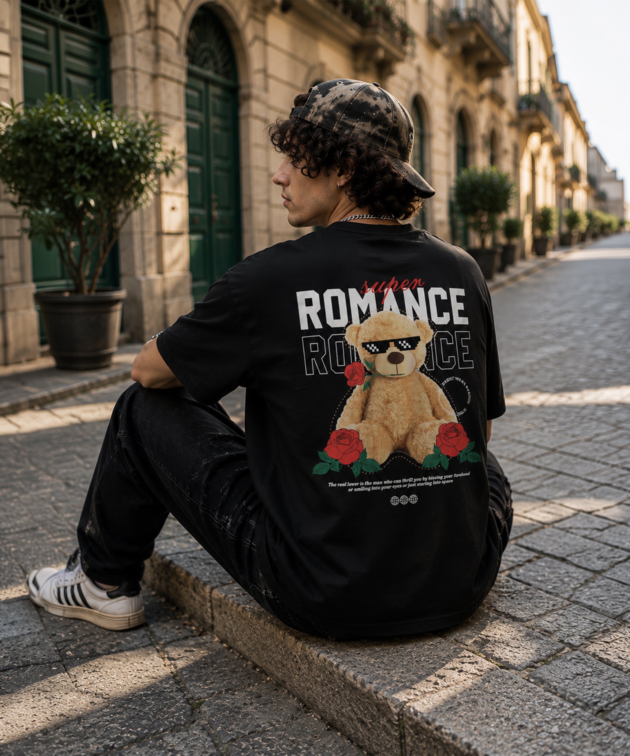 Super Romance Teddy Bear Oversized T-Shirt for Men | Back Print Streetwear Graphic Tee