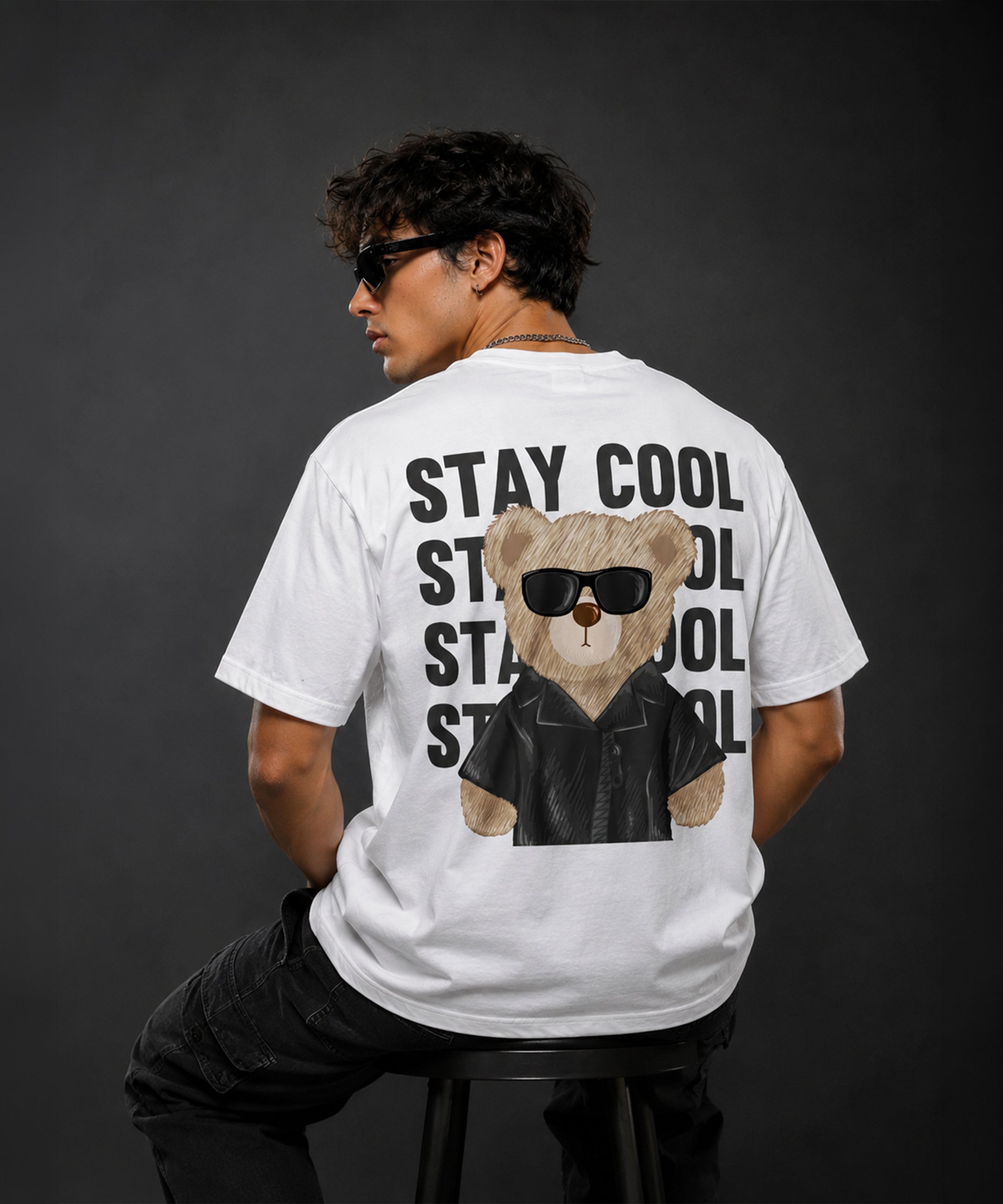 Stay Cool Teddy Bear Oversized T-Shirt for Men | Aesthetic Streetwear Tee | Black & White