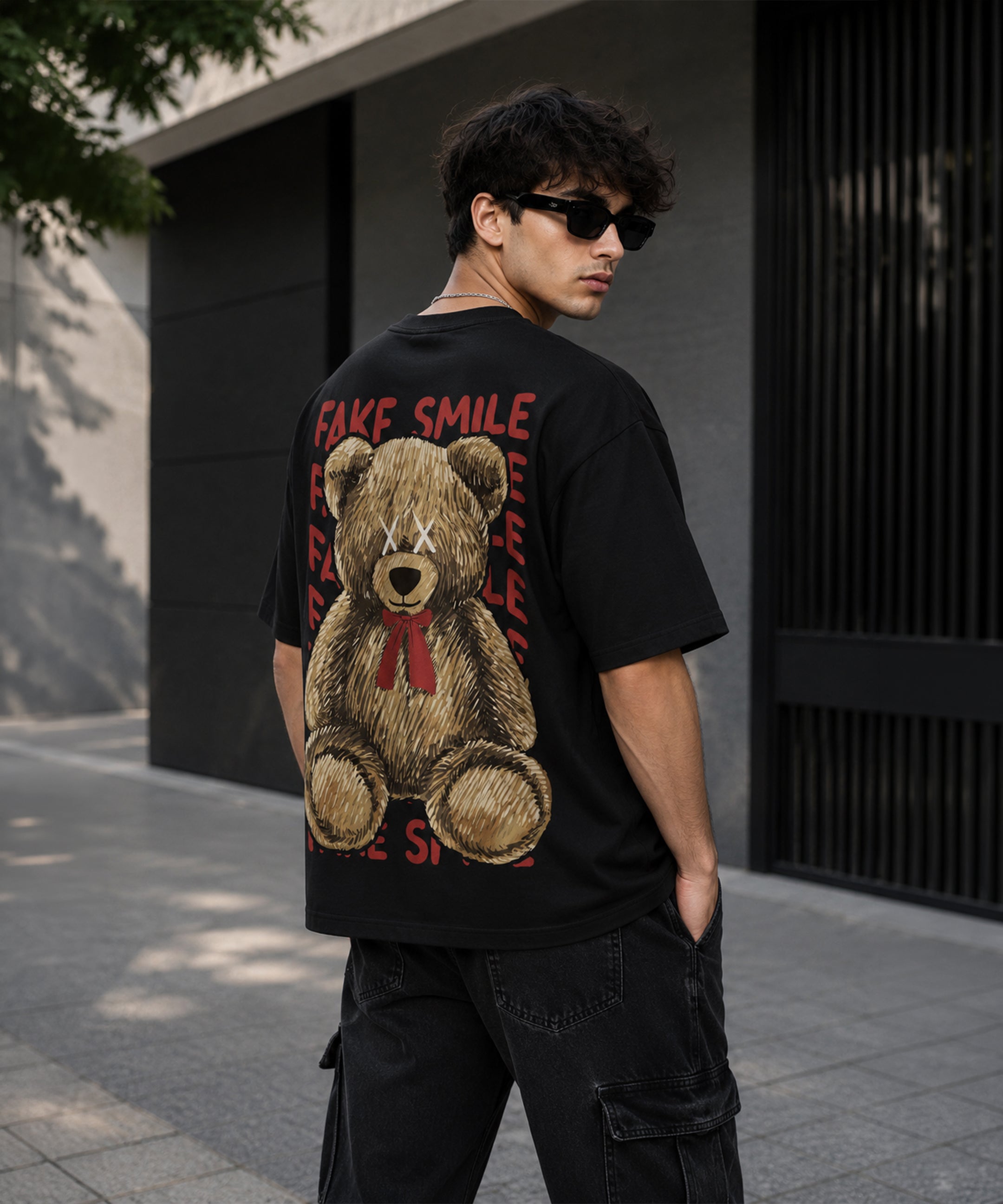 Fake Smile Teddy Bear Oversized T-Shirt for Men | Aesthetic Streetwear Tee | Black & White