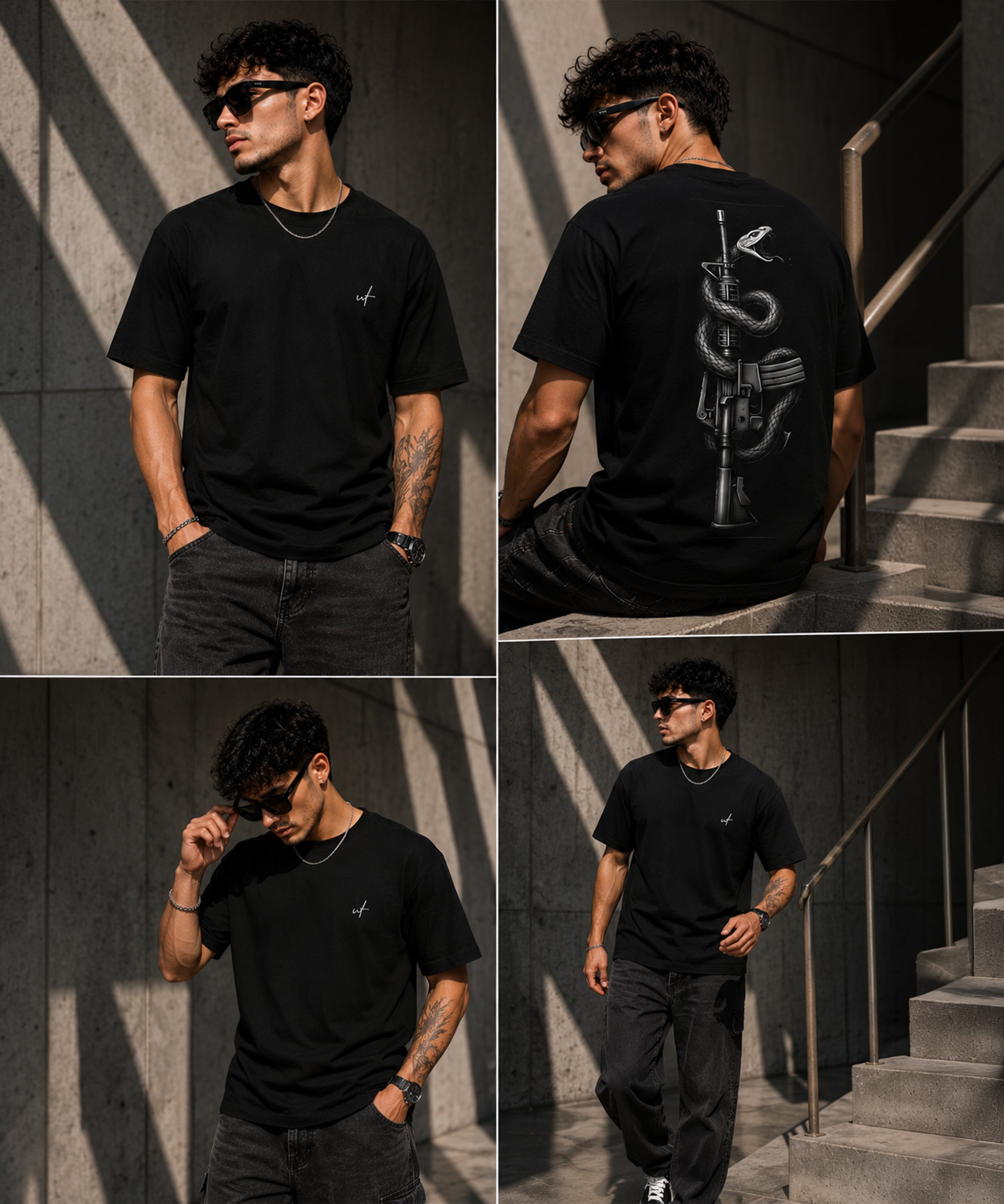Snake & Rifle Graphic Regular Fit T-Shirt for Men | Black & White Back Print Cotton Tee
