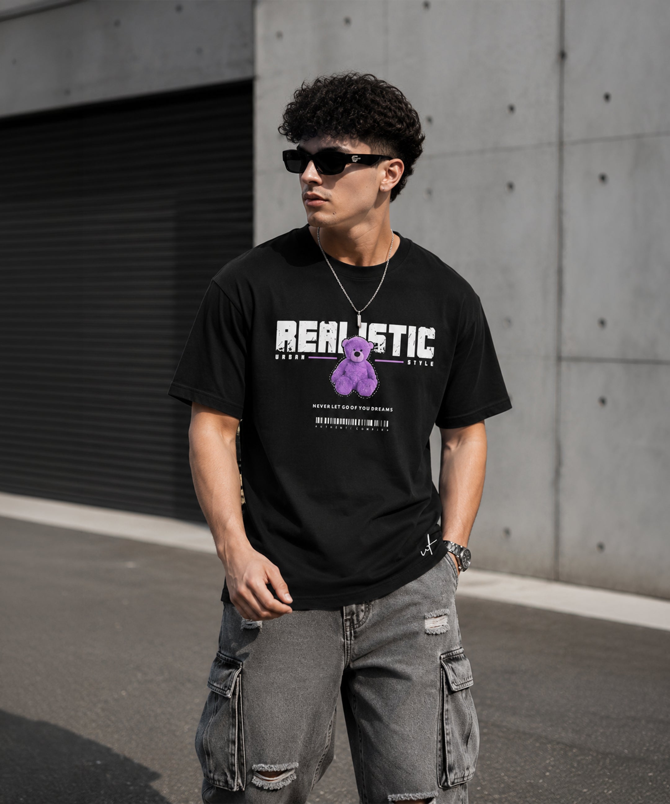 Realistic Teddy Bear Graphic Black T-Shirt for Men | Urban Streetwear Oversized Tee
