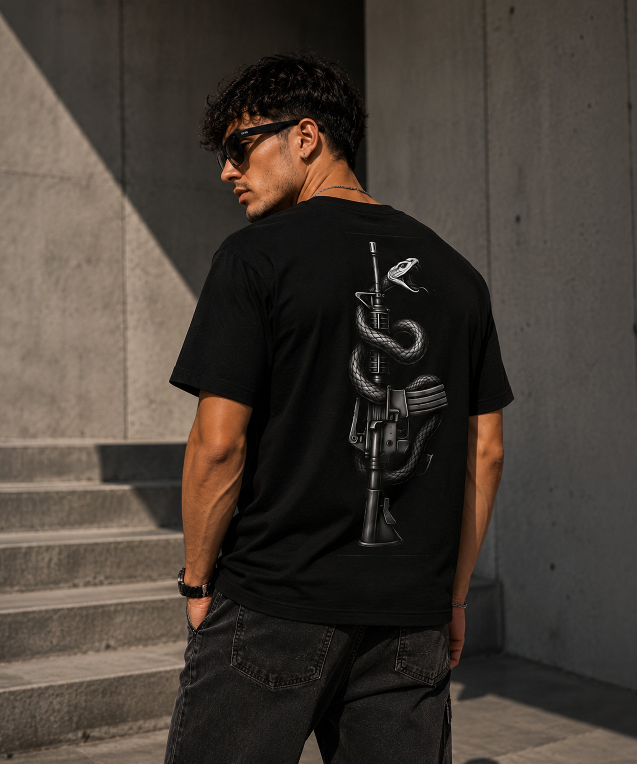 Snake & Rifle Graphic Regular Fit T-Shirt for Men | Black & White Back Print Cotton Tee