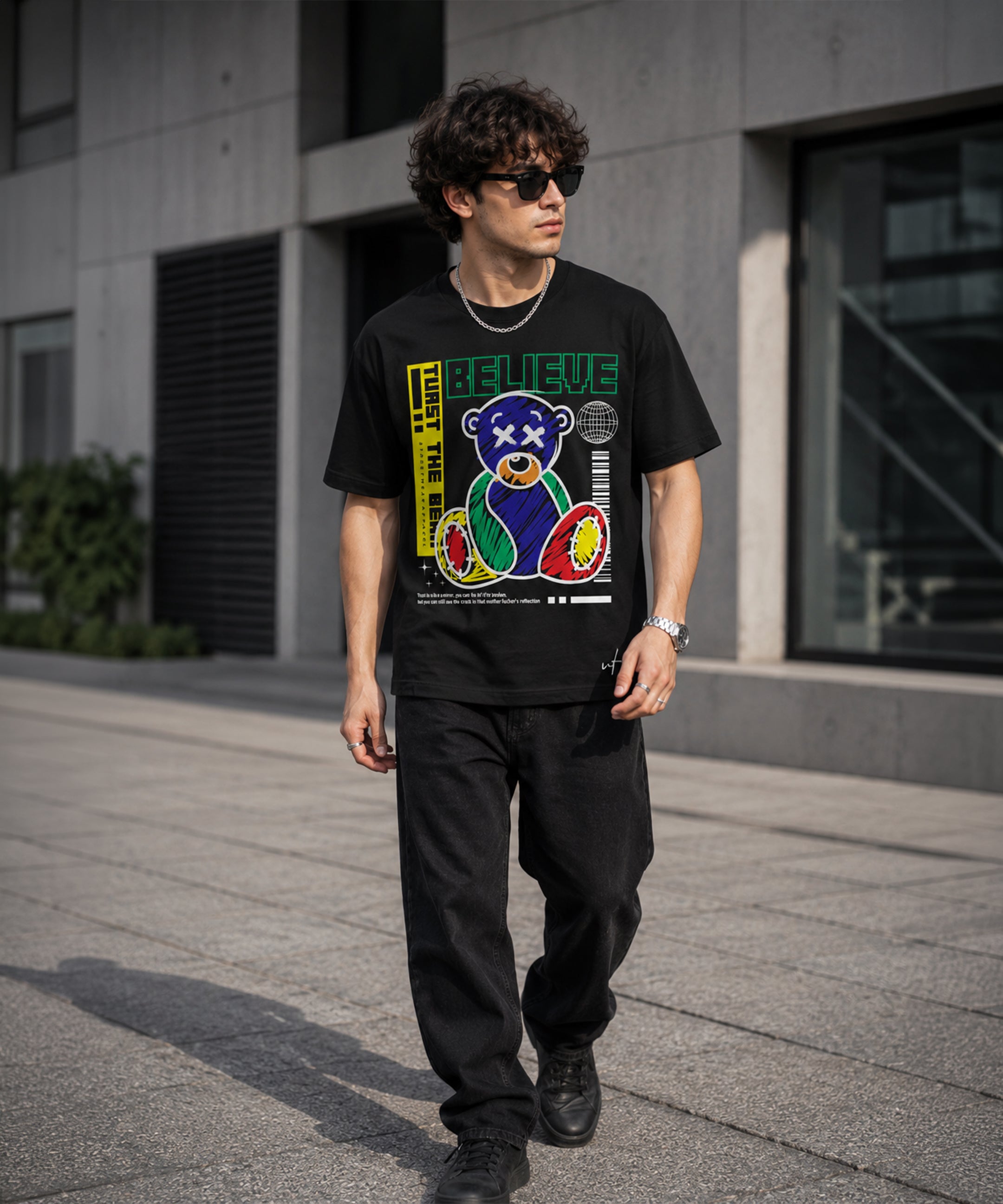Believe Teddy Bear Graphic Black T-Shirt for Men | Oversized Streetwear Tee