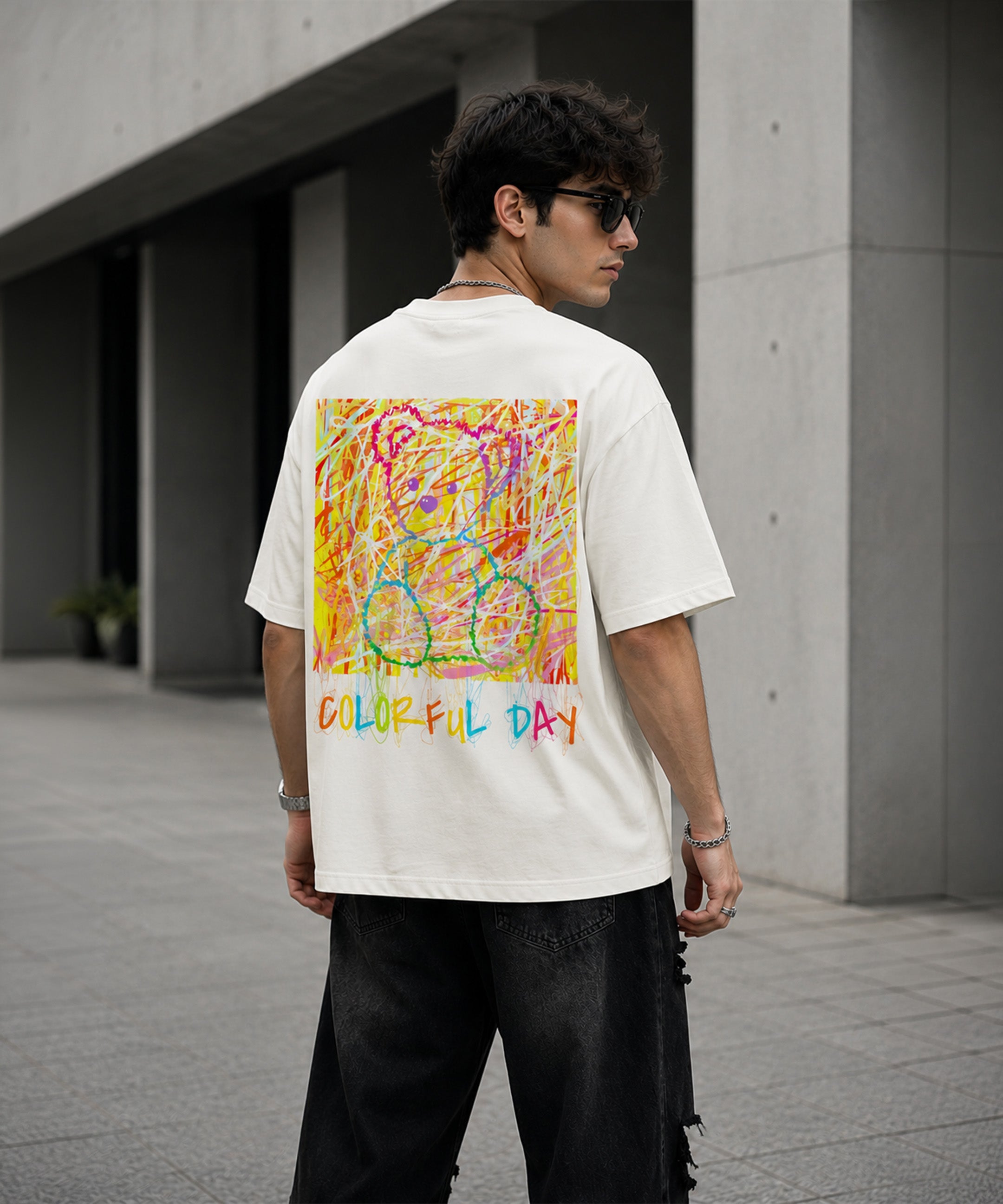 Colorful Teddy Bear Oversized T-Shirt for Men | Aesthetic Streetwear Tee | Black & White