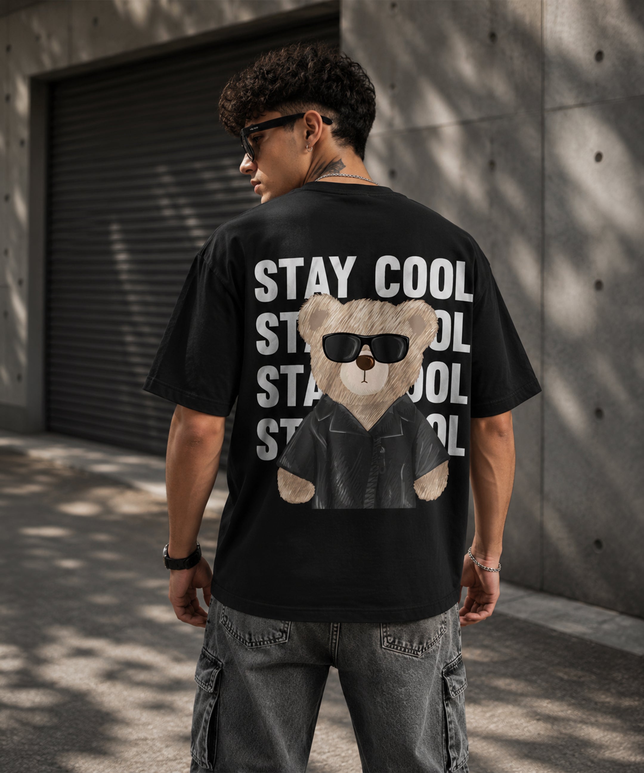 Stay Cool Teddy Bear Oversized T-Shirt for Men | Aesthetic Streetwear Tee | Black & White