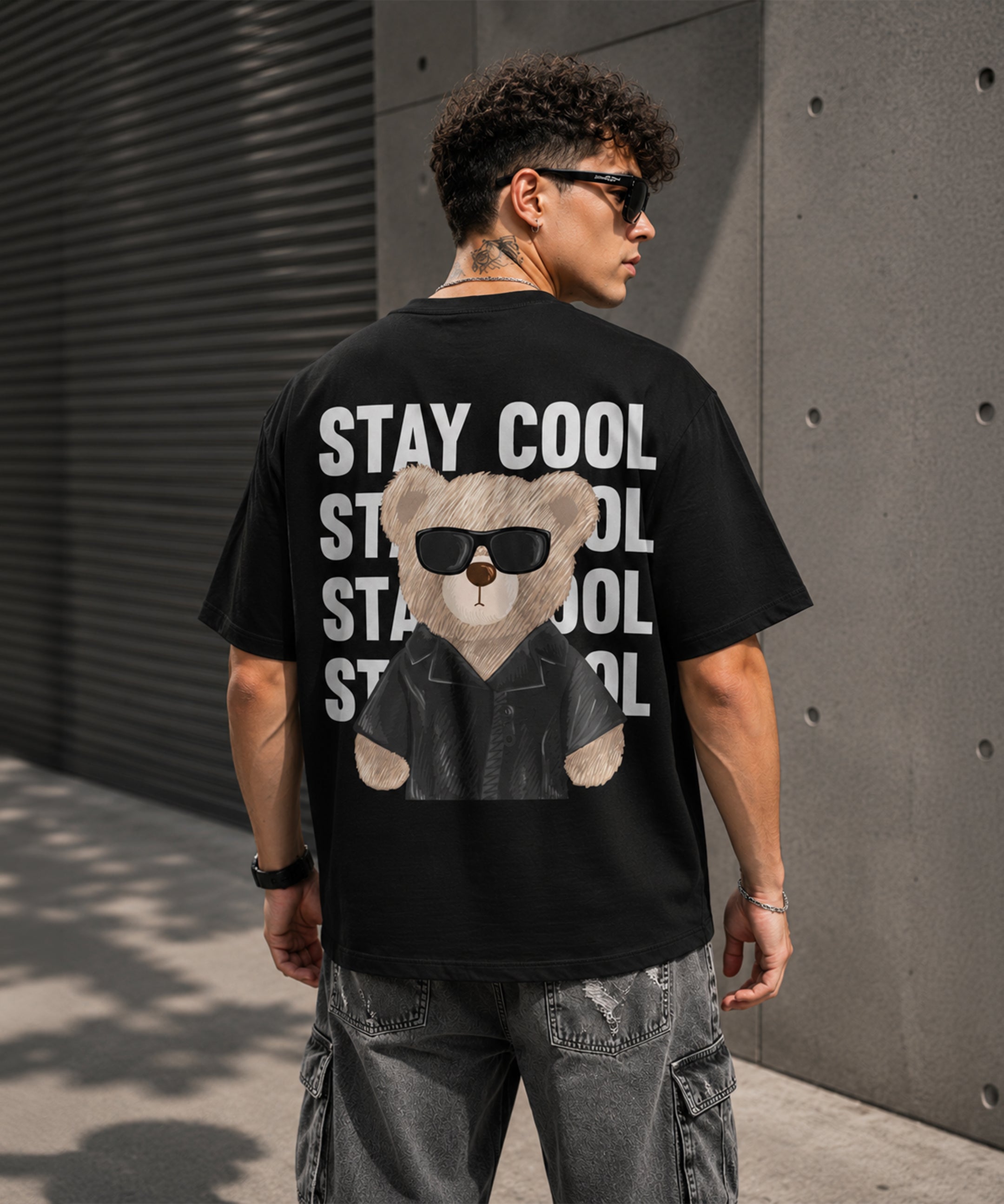 Stay Cool Teddy Bear Oversized T-Shirt for Men | Aesthetic Streetwear Tee | Black & White