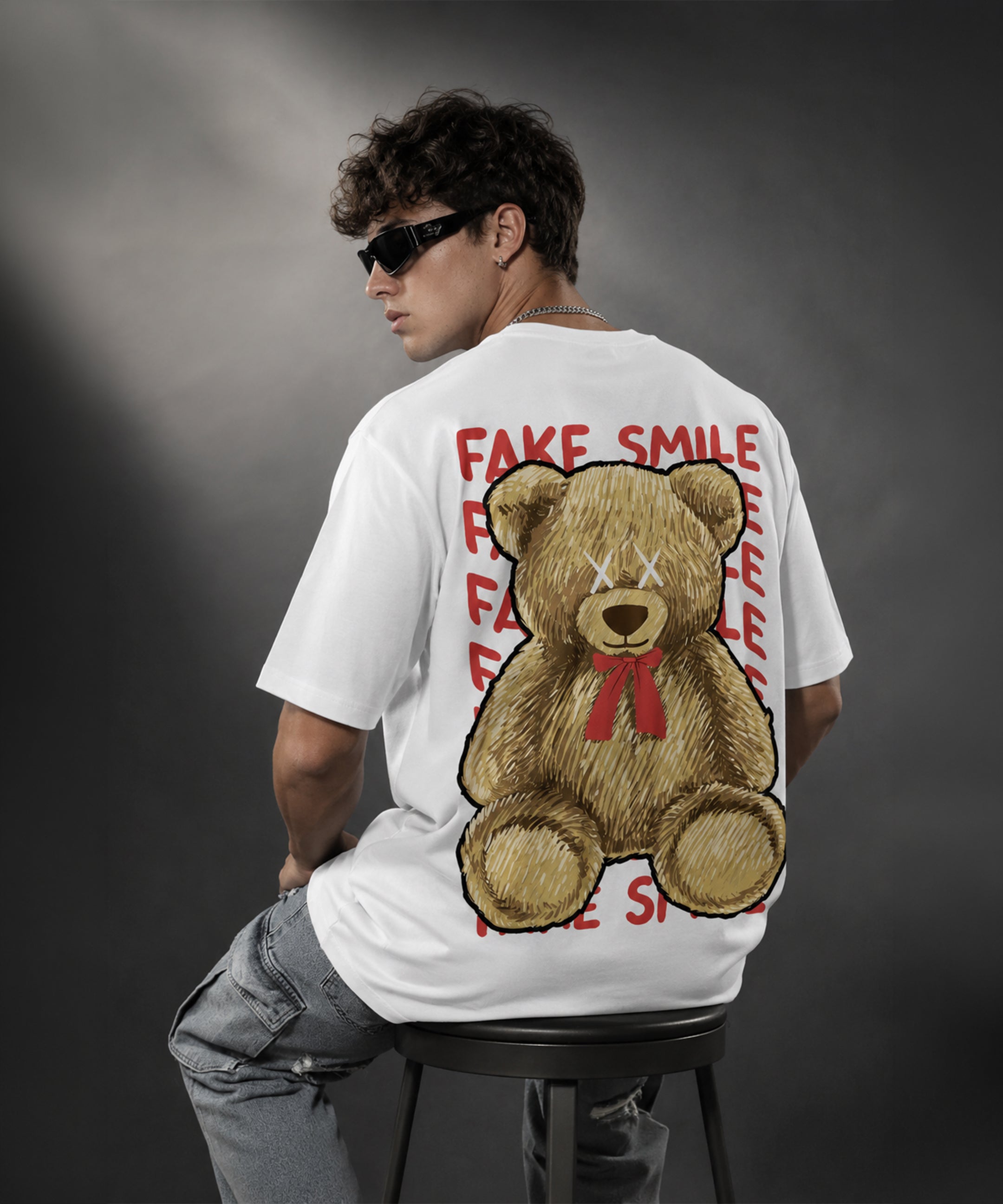 Fake Smile Teddy Bear Oversized T-Shirt for Men | Aesthetic Streetwear Tee | Black & White