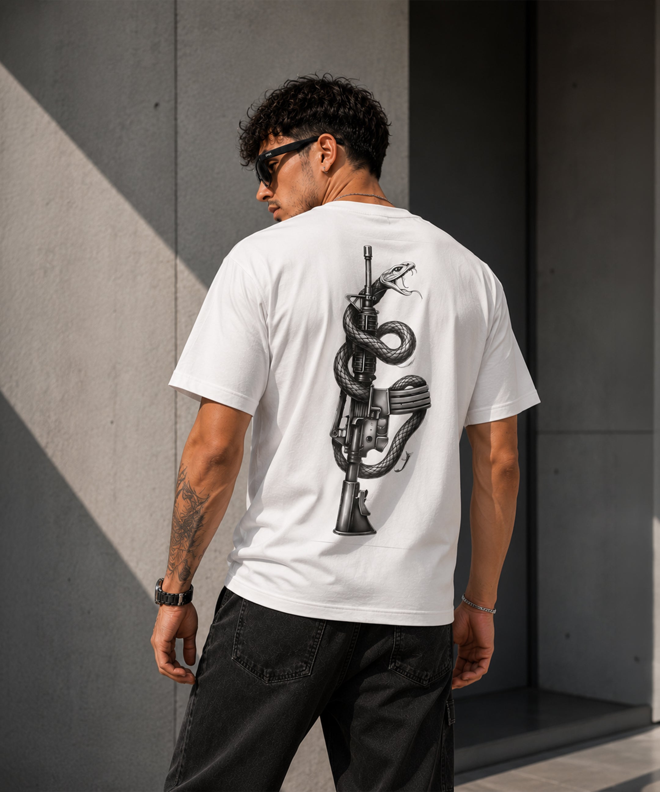 Snake & Rifle Graphic Regular Fit T-Shirt for Men | Black & White Back Print Cotton Tee