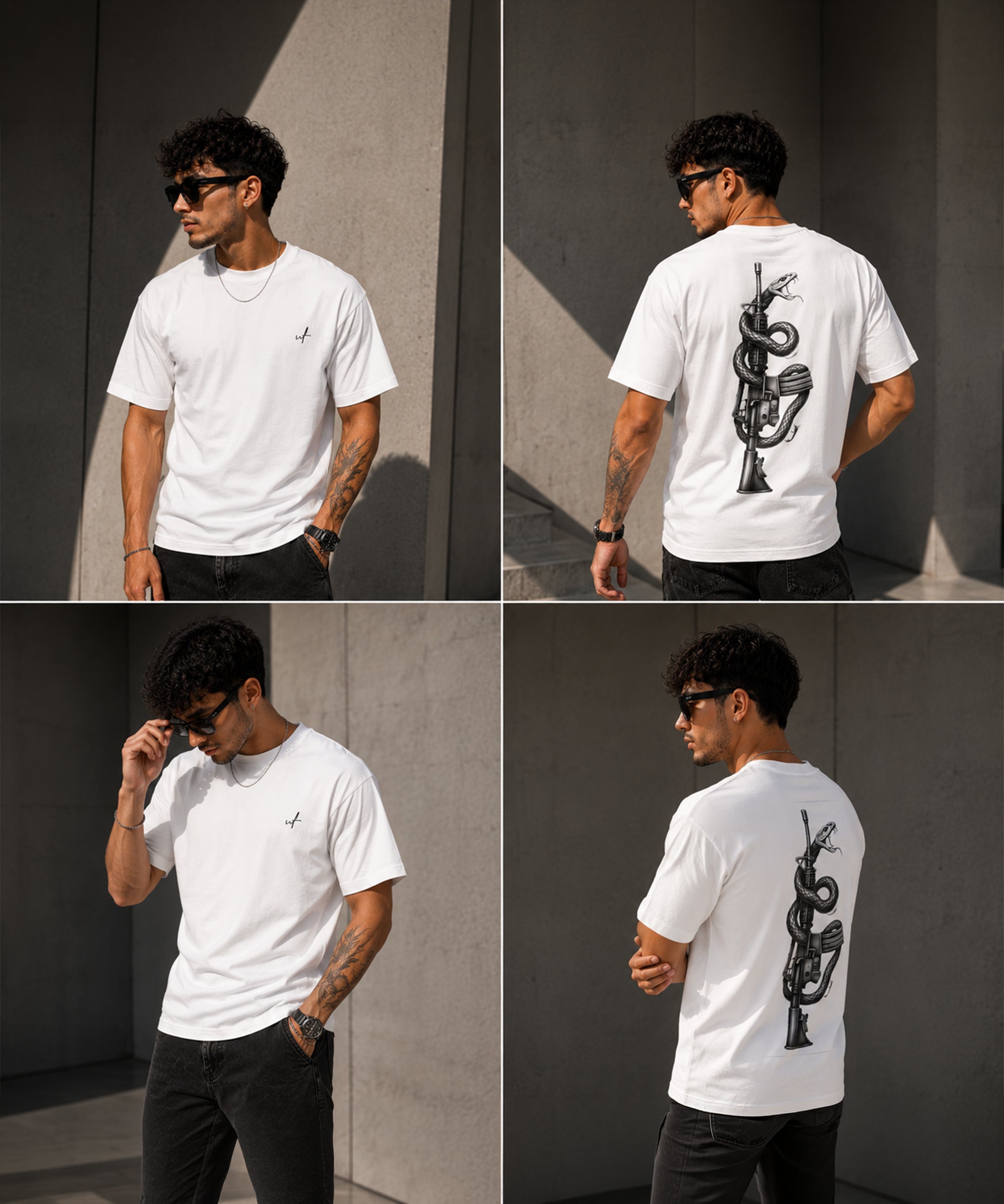 Snake & Rifle Graphic Regular Fit T-Shirt for Men | Black & White Back Print Cotton Tee
