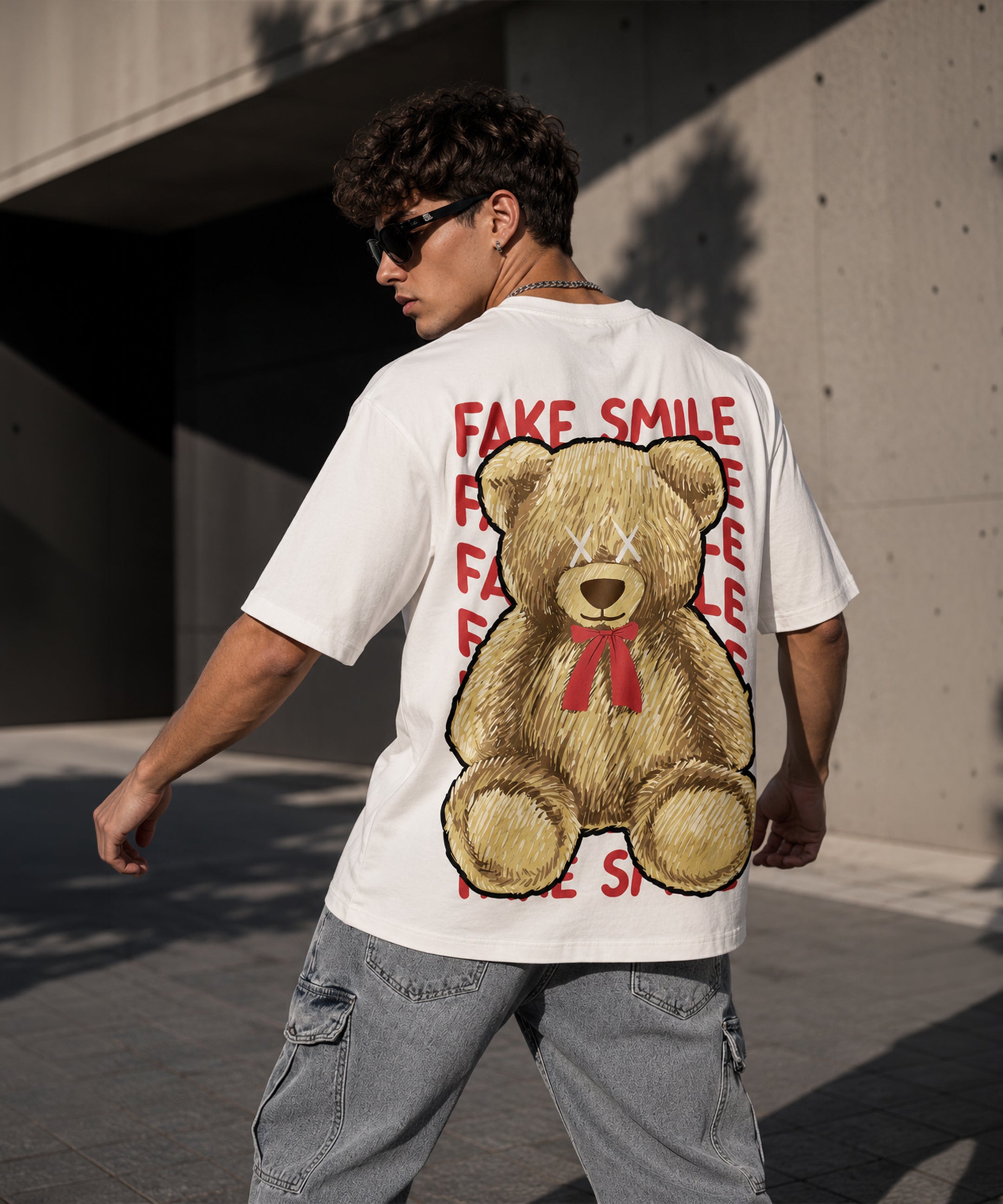 Fake Smile Teddy Bear Oversized T-Shirt for Men | Aesthetic Streetwear Tee | Black & White