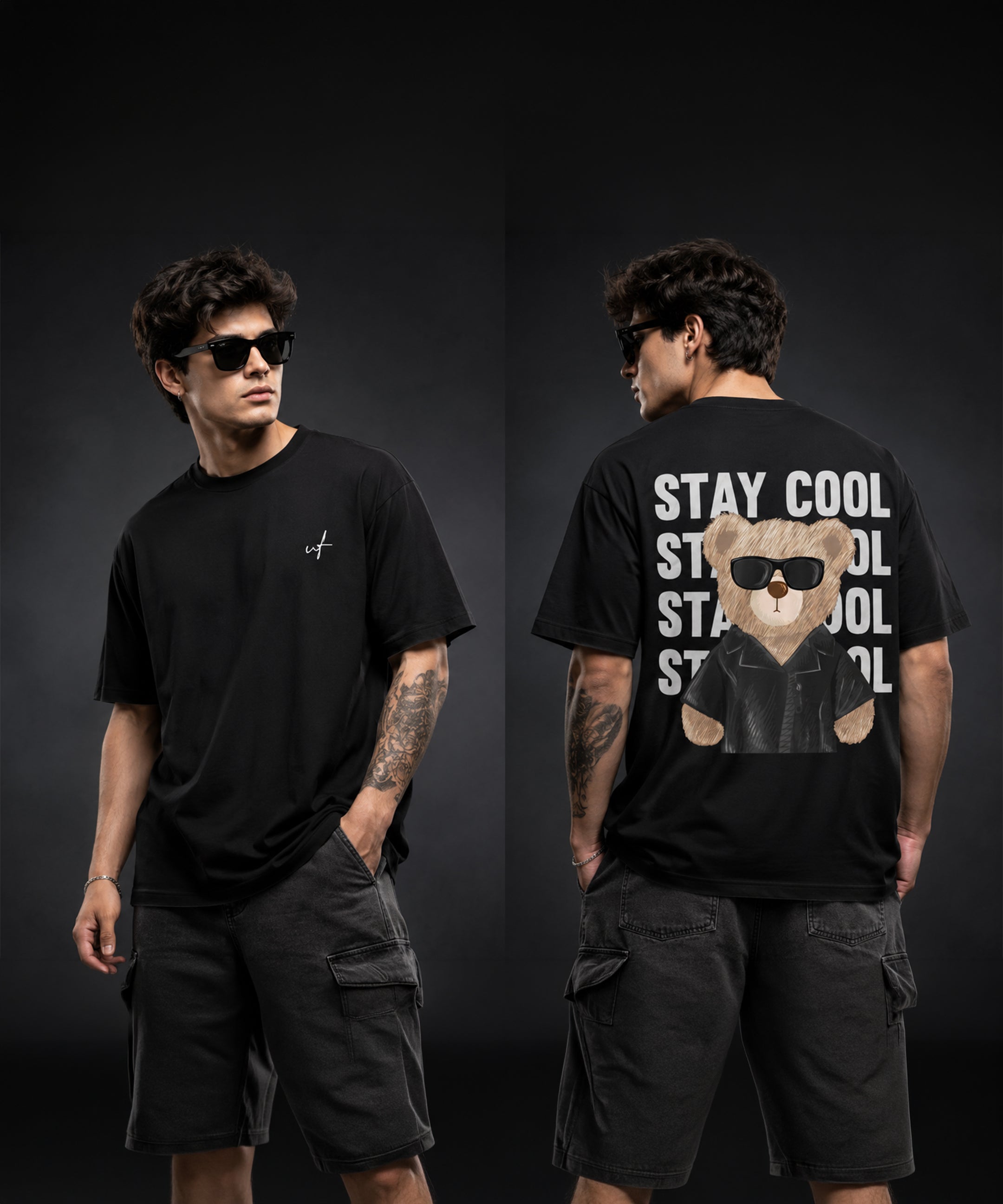 Stay Cool Teddy Bear Oversized T-Shirt for Men | Aesthetic Streetwear Tee | Black & White