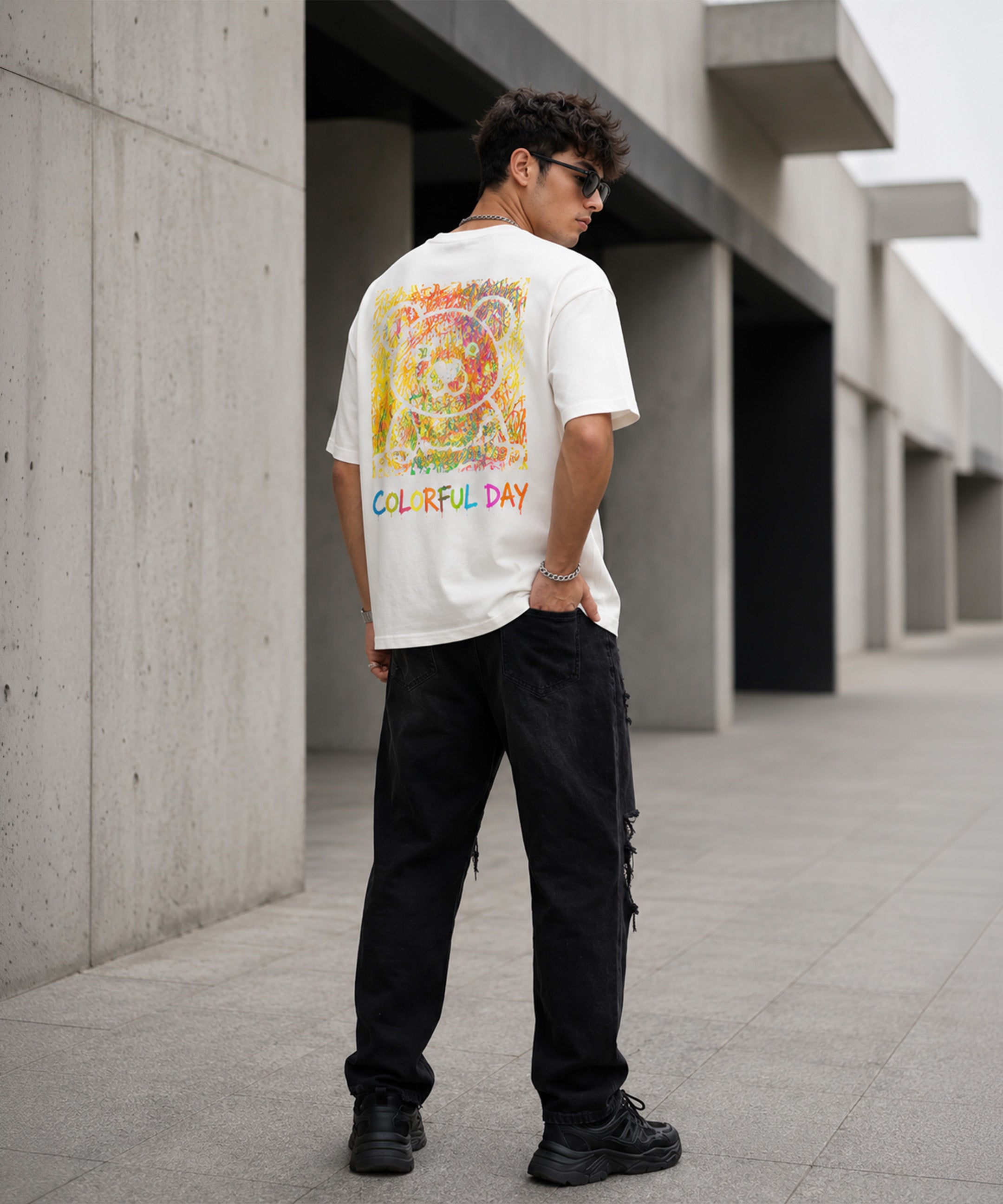 Colorful Teddy Bear Oversized T-Shirt for Men | Aesthetic Streetwear Tee | Black & White