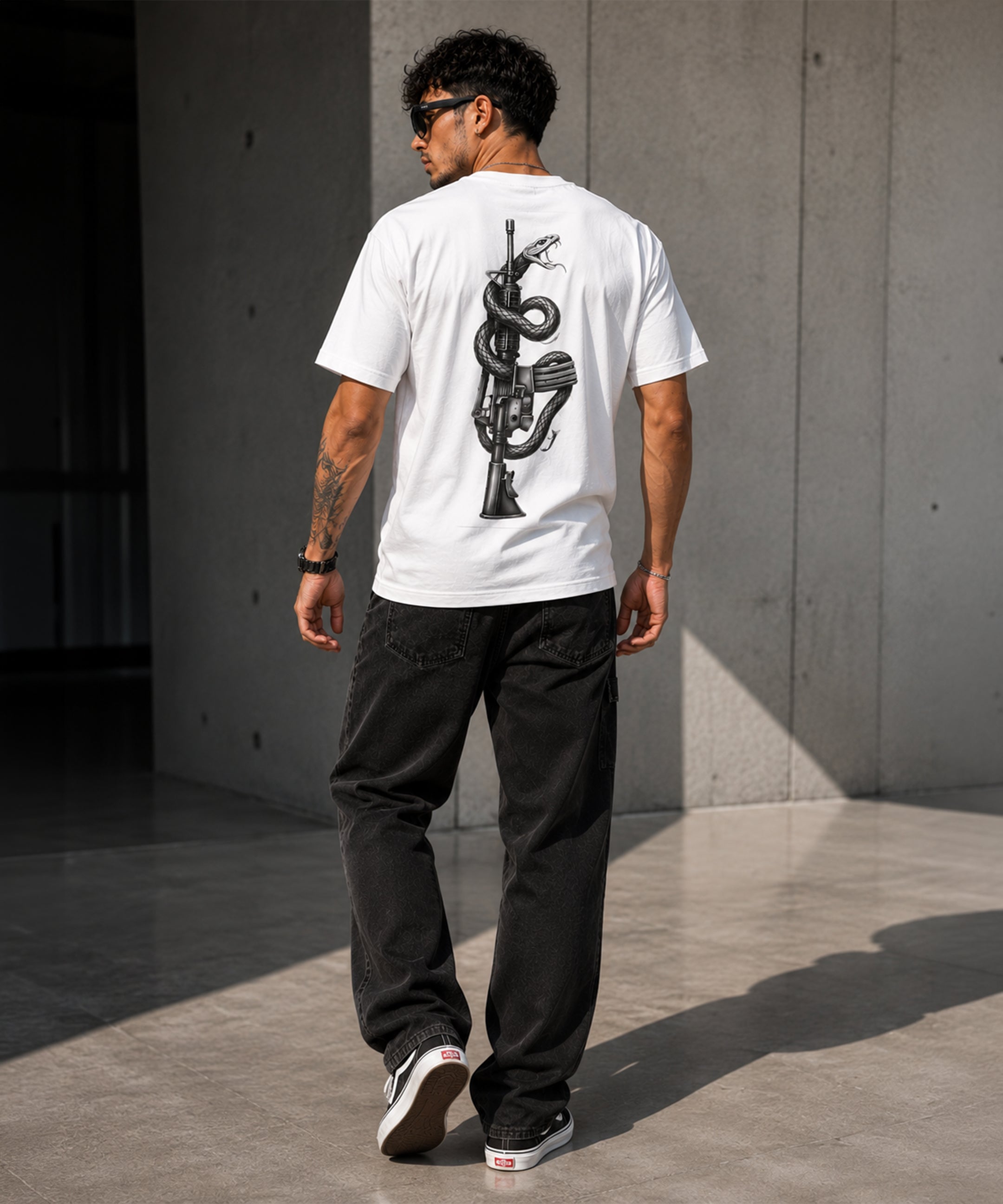 Snake & Rifle Graphic Regular Fit T-Shirt for Men | Black & White Back Print Cotton Tee
