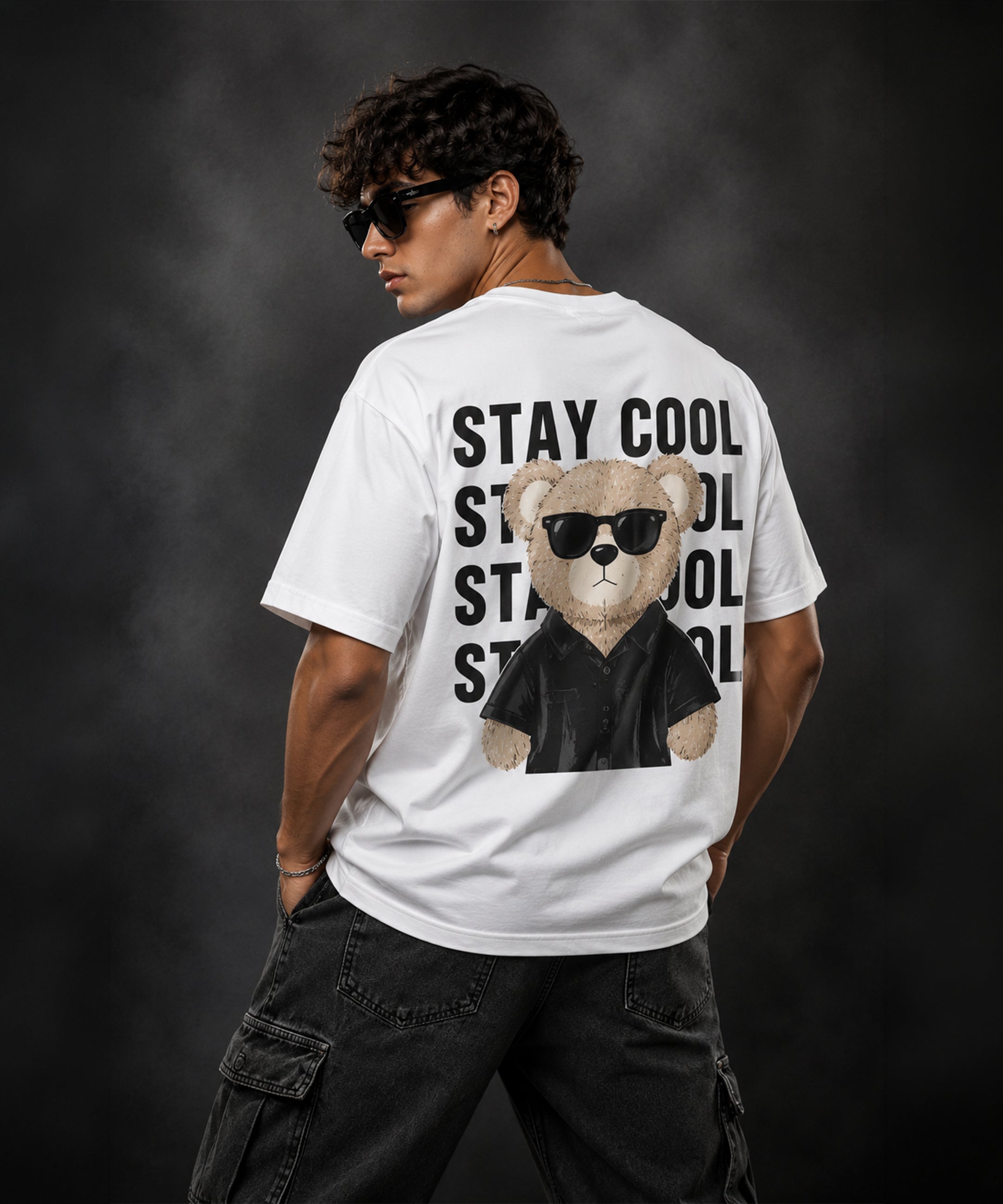Stay Cool Teddy Bear Oversized T-Shirt for Men | Aesthetic Streetwear Tee | Black & White