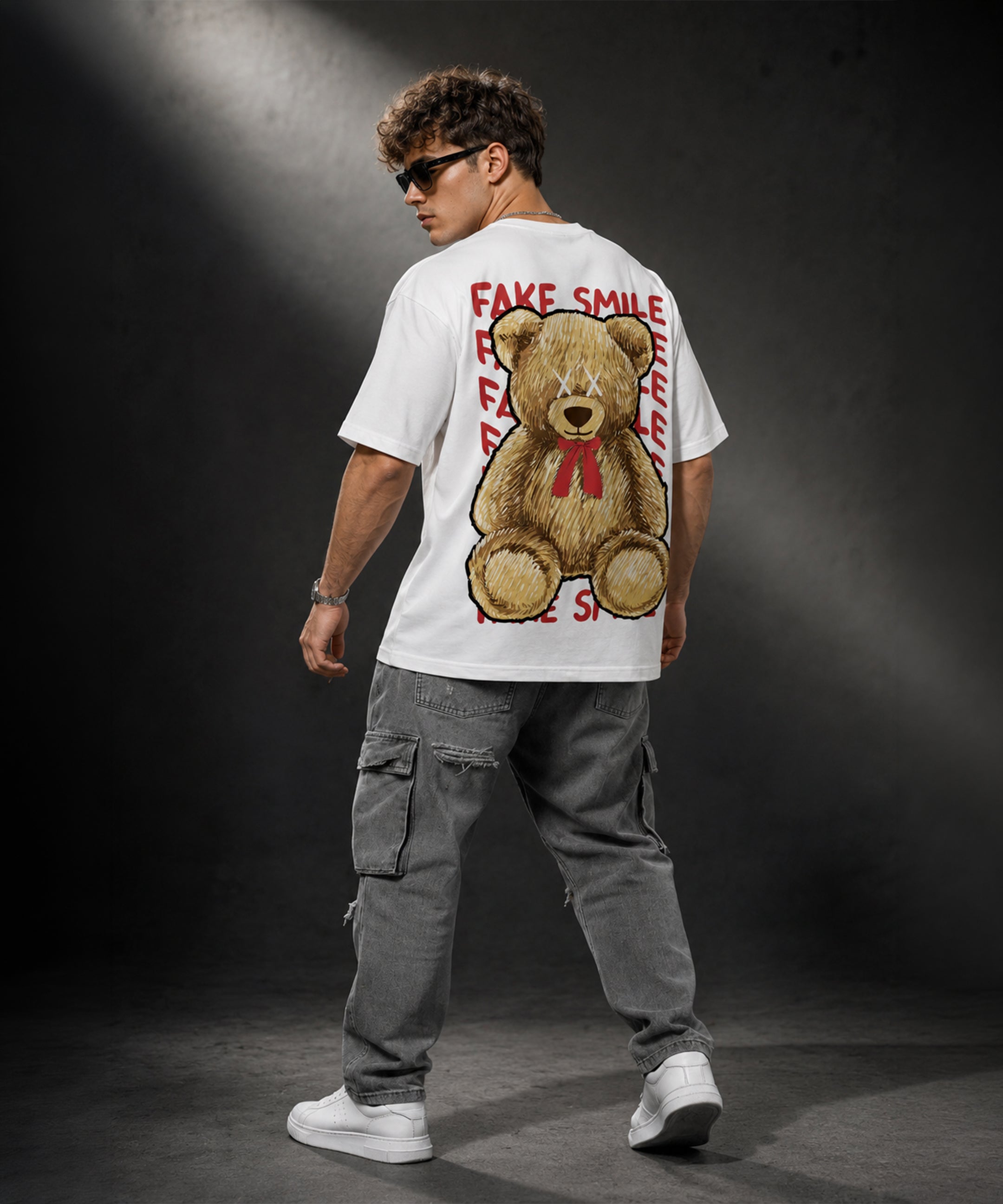 Fake Smile Teddy Bear Oversized T-Shirt for Men | Aesthetic Streetwear Tee | Black & White