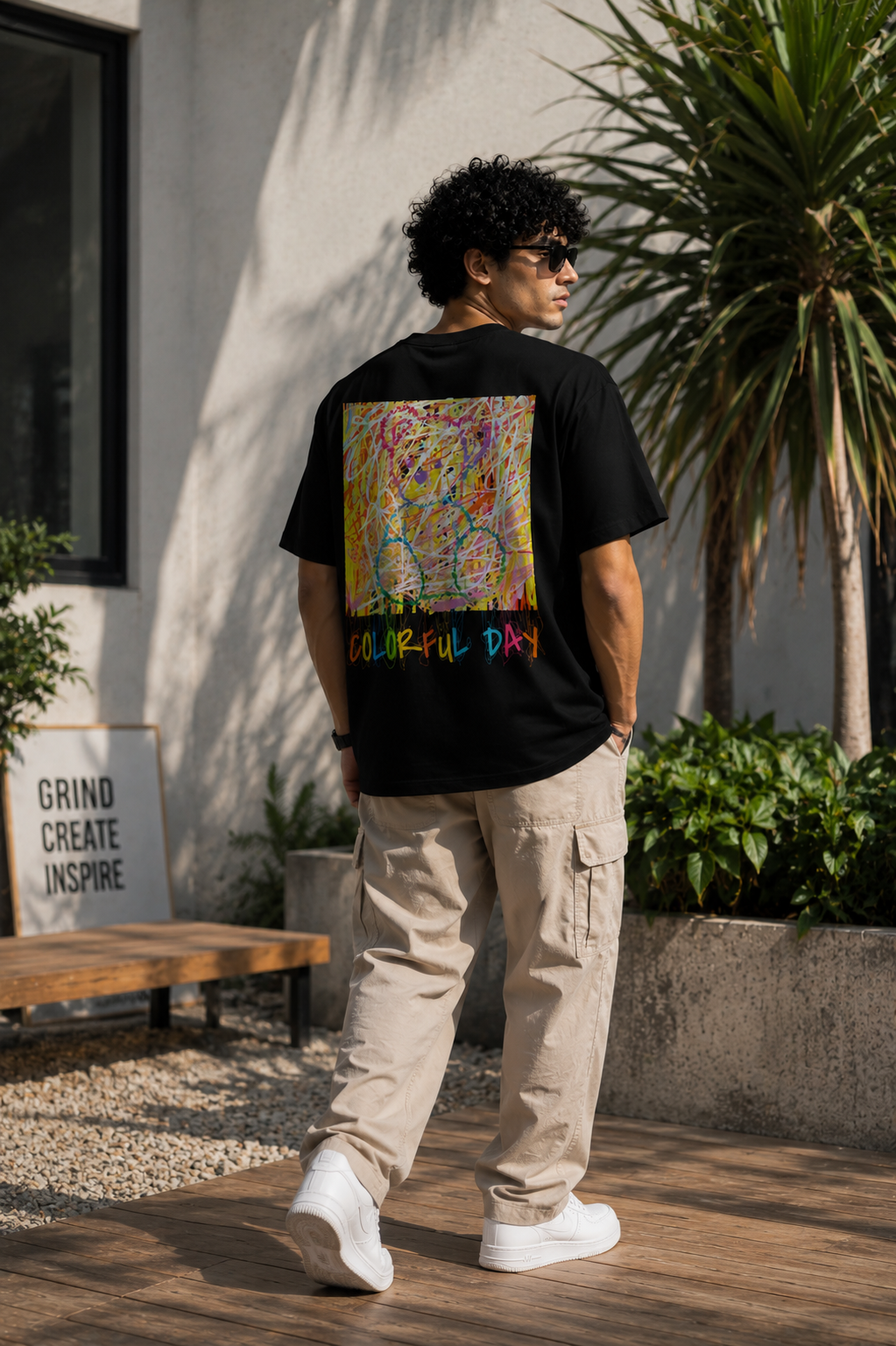 Colorful Day Abstract Art Graphic T-Shirt – Urban Back Print Streetwear Tee