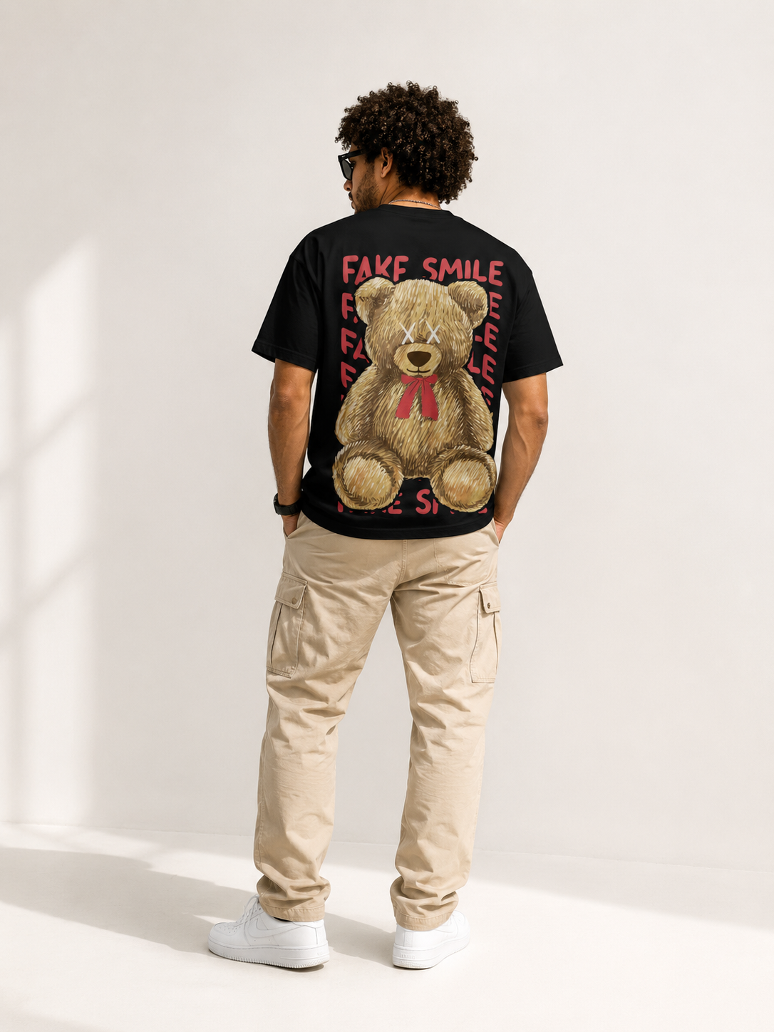 Fake Smile Teddy Bear Graphic T-Shirt – Oversized Streetwear Back Print Tee