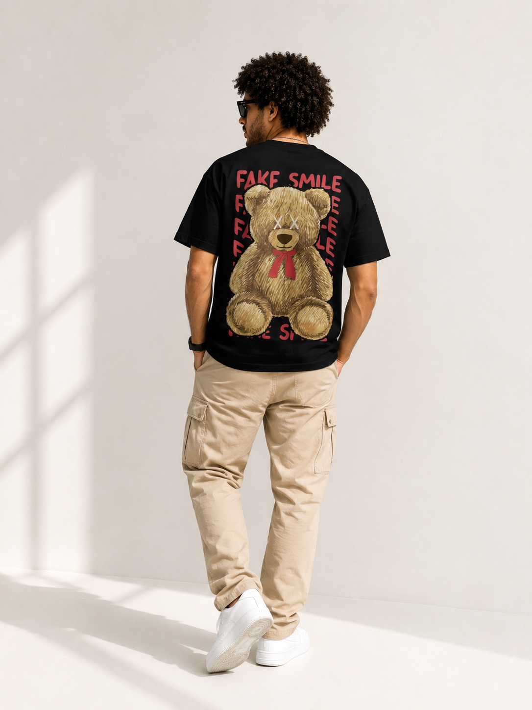 Fake Smile Teddy Bear Graphic T-Shirt – Oversized Streetwear Back Print Tee