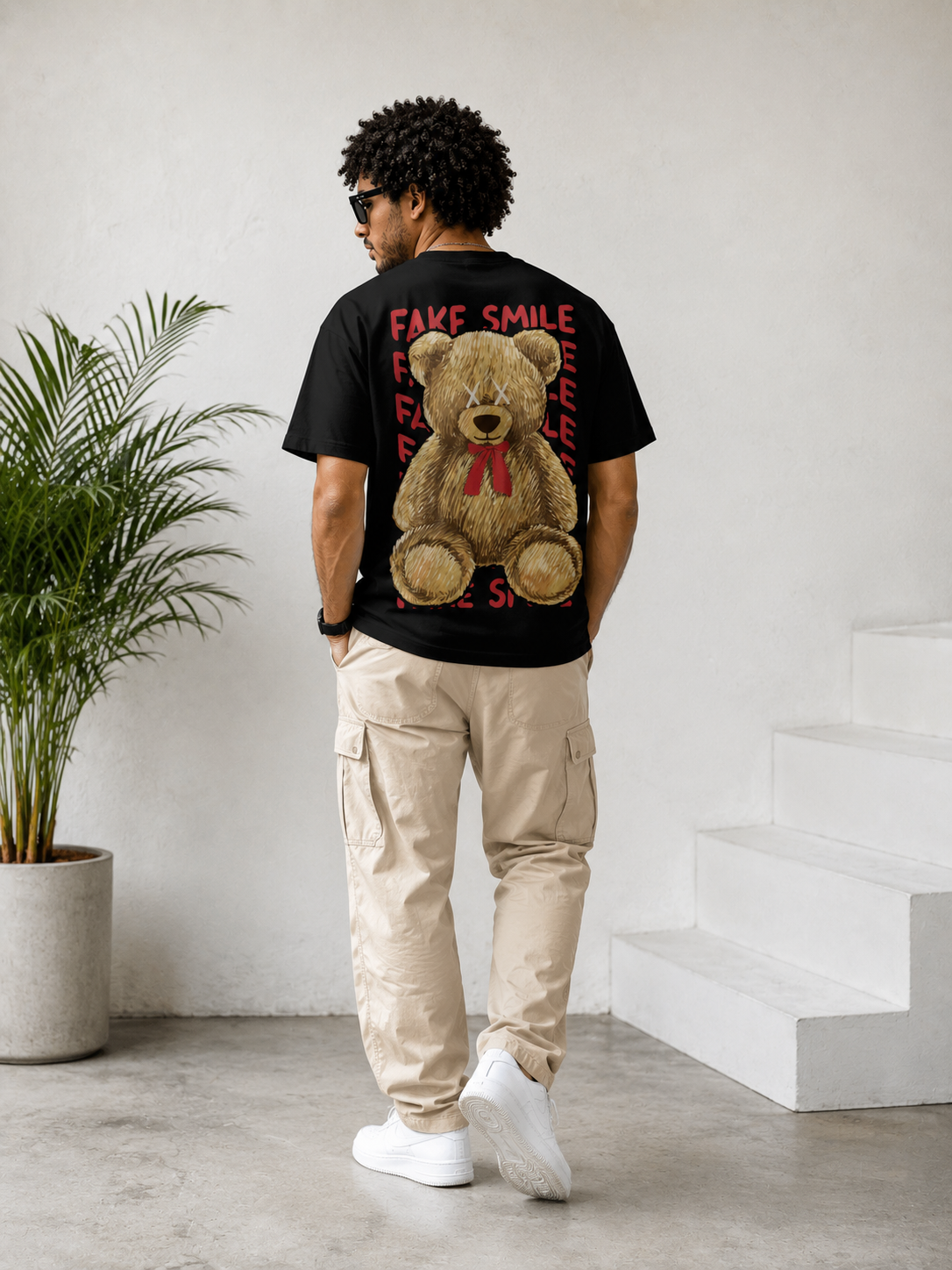 Fake Smile Teddy Bear Graphic T-Shirt – Oversized Streetwear Back Print Tee