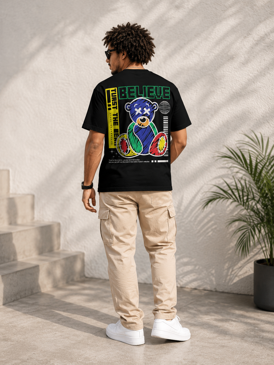 Believe Teddy Graphic T-Shirt – Neon Streetwear Back Print Tee