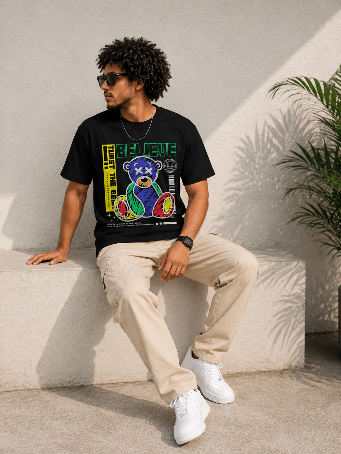 Believe Teddy Graphic T-Shirt – Neon Streetwear Back Print Tee