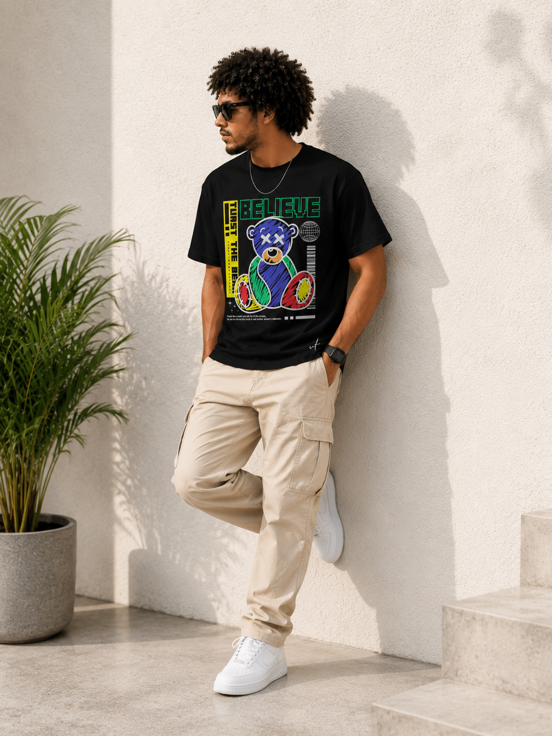 Believe Teddy Graphic T-Shirt – Neon Streetwear Back Print Tee