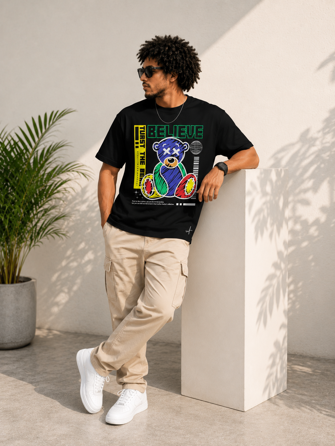Believe Teddy Graphic T-Shirt – Neon Streetwear Back Print Tee