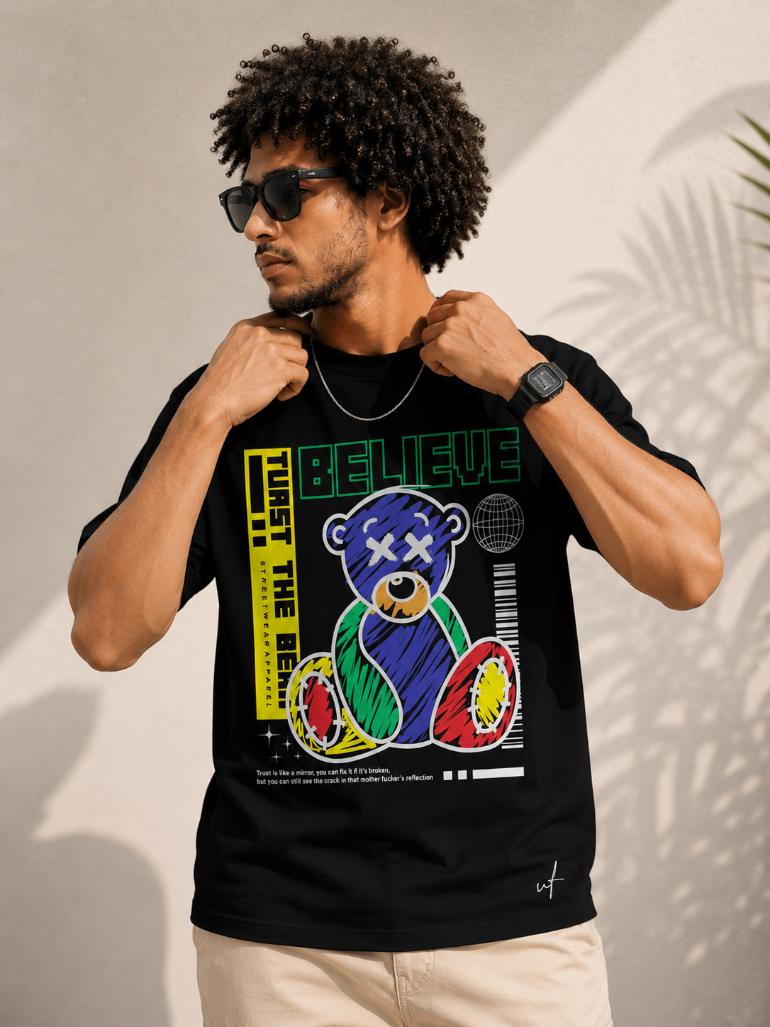 Believe Teddy Graphic T-Shirt – Neon Streetwear Back Print Tee