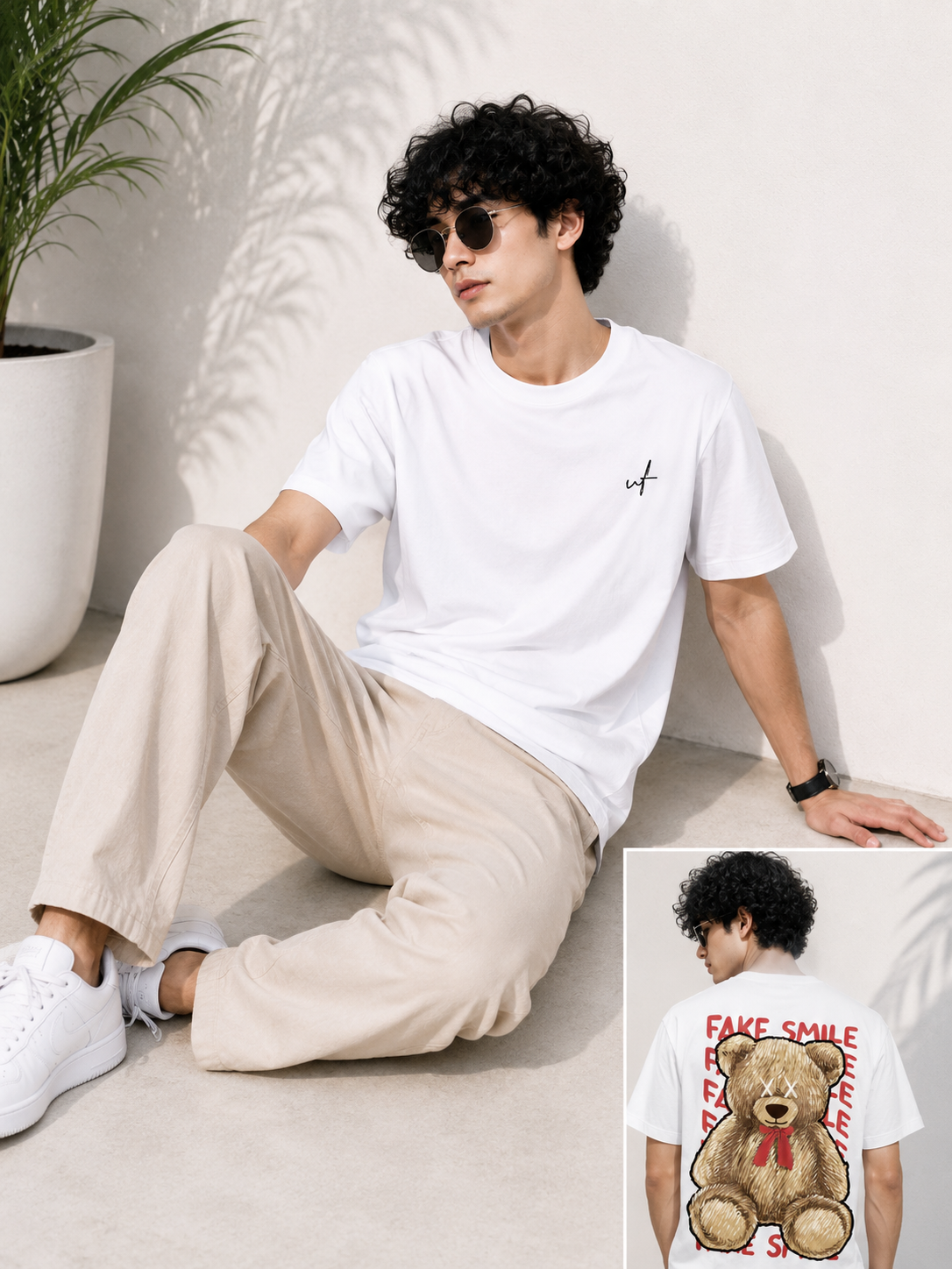 Fake Smile Teddy Graphic T-Shirt – Minimal Front & Back Print Streetwear Tee