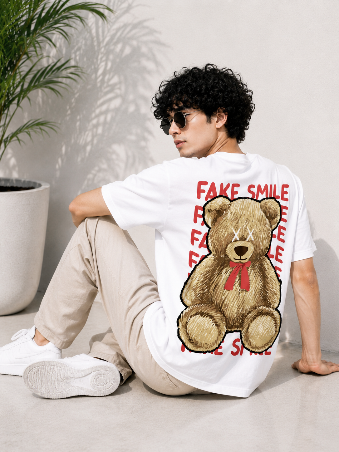 Fake Smile Teddy Graphic T-Shirt – Minimal Front & Back Print Streetwear Tee
