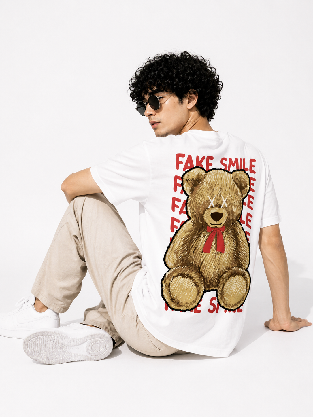 Fake Smile Teddy Graphic T-Shirt – Minimal Front & Back Print Streetwear Tee