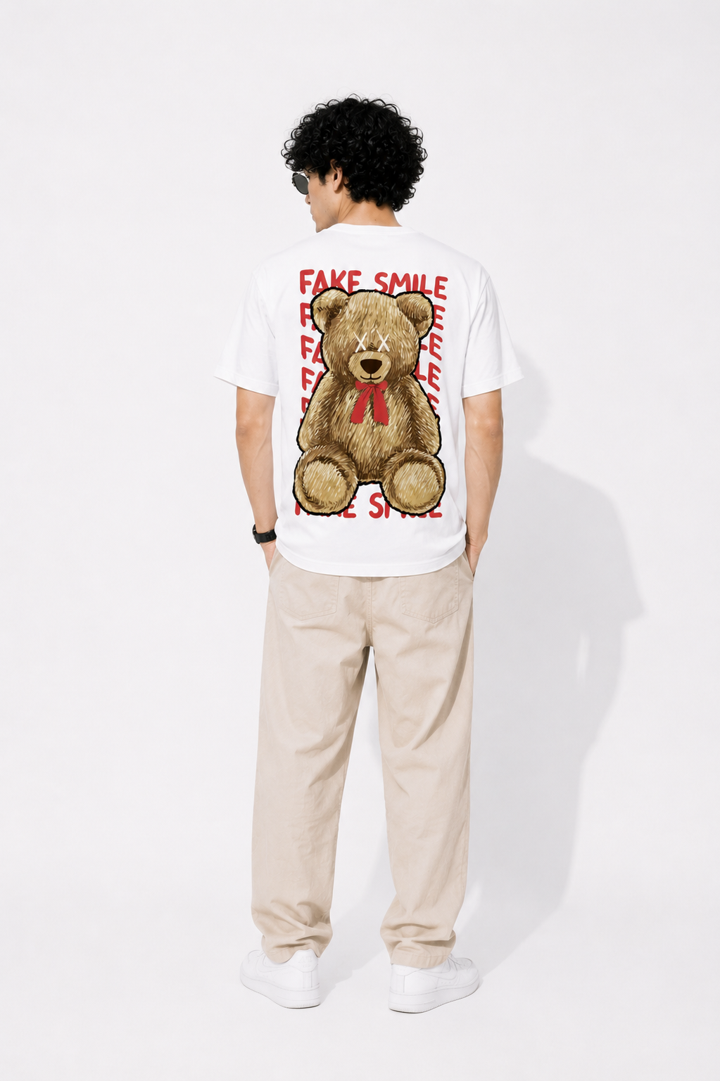 Fake Smile Teddy Graphic T-Shirt – Minimal Front & Back Print Streetwear Tee